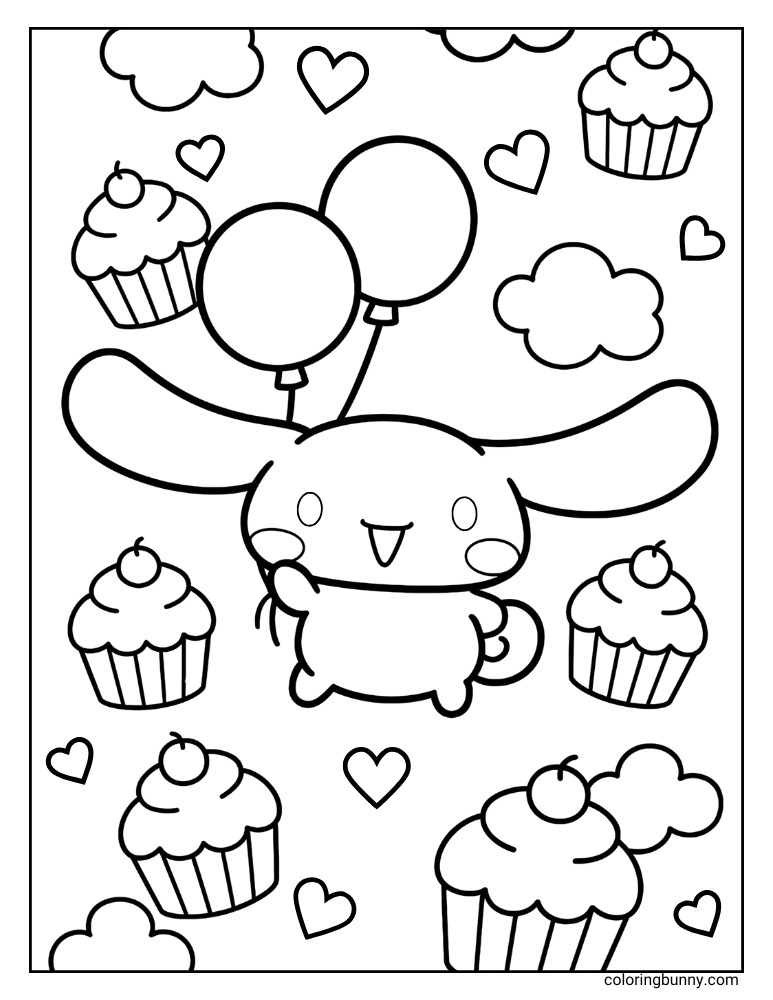 A Sanrio coloring page featuring Cinnamoroll floating in the sky, holding two balloons, surrounded by cupcakes, hearts, and clouds.