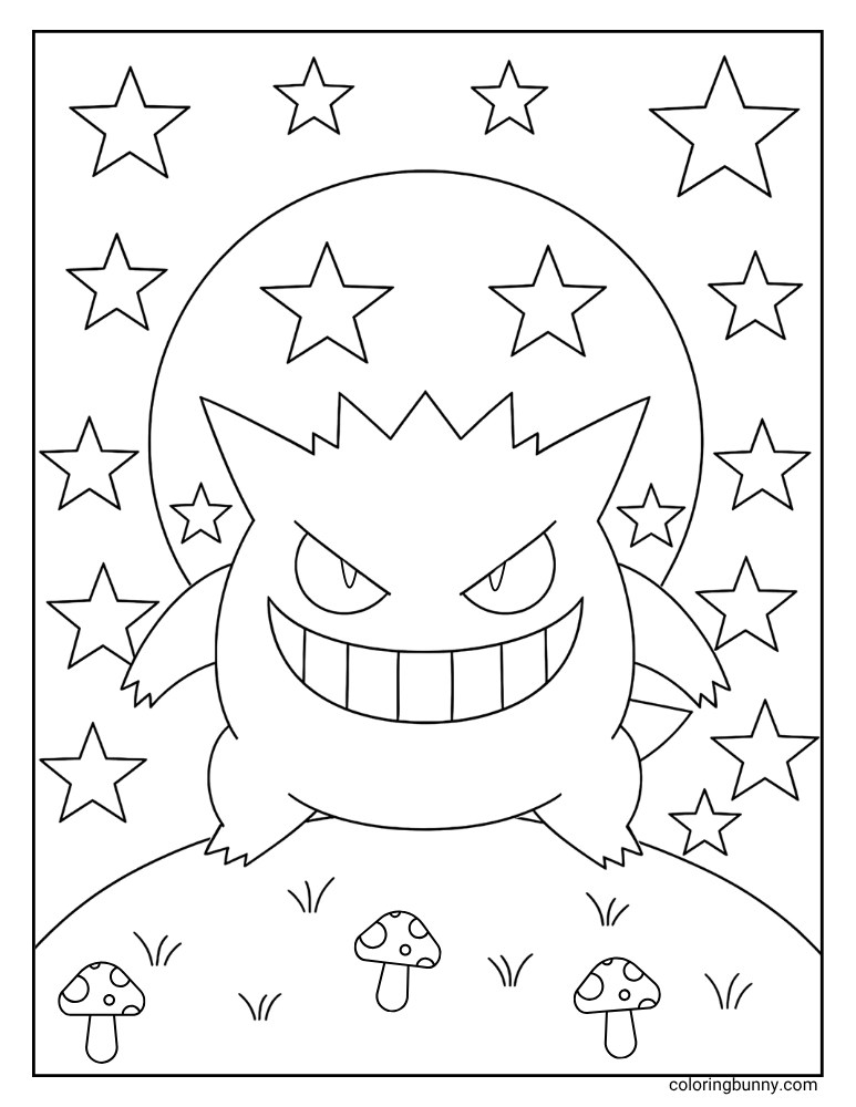 Mysterious Gengar coloring page, showing the Pokémon standing on a hill under a large full moon, surrounded by twinkling stars and friendly mushrooms.