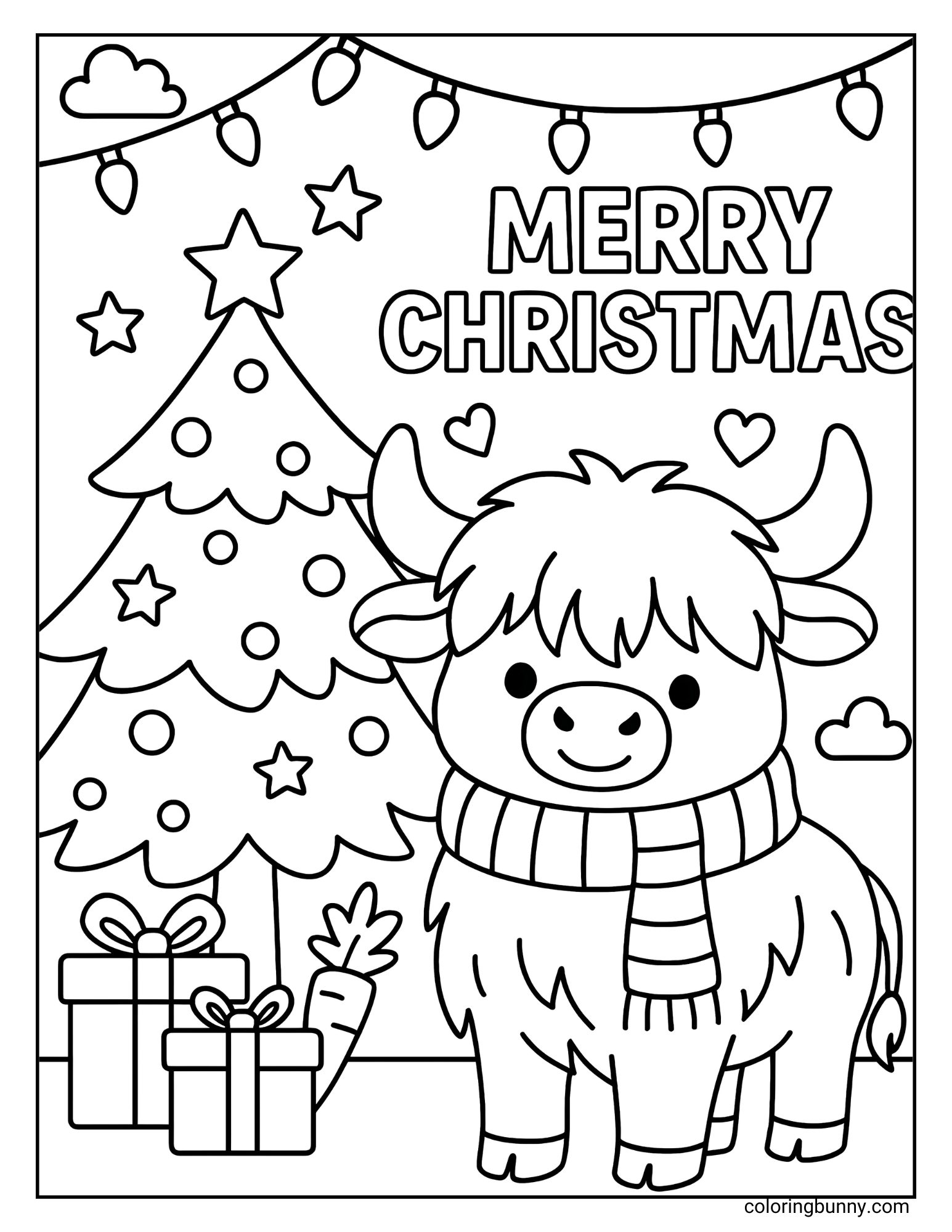 Highland cow Christmas coloring page with scarf, tree, and presents.