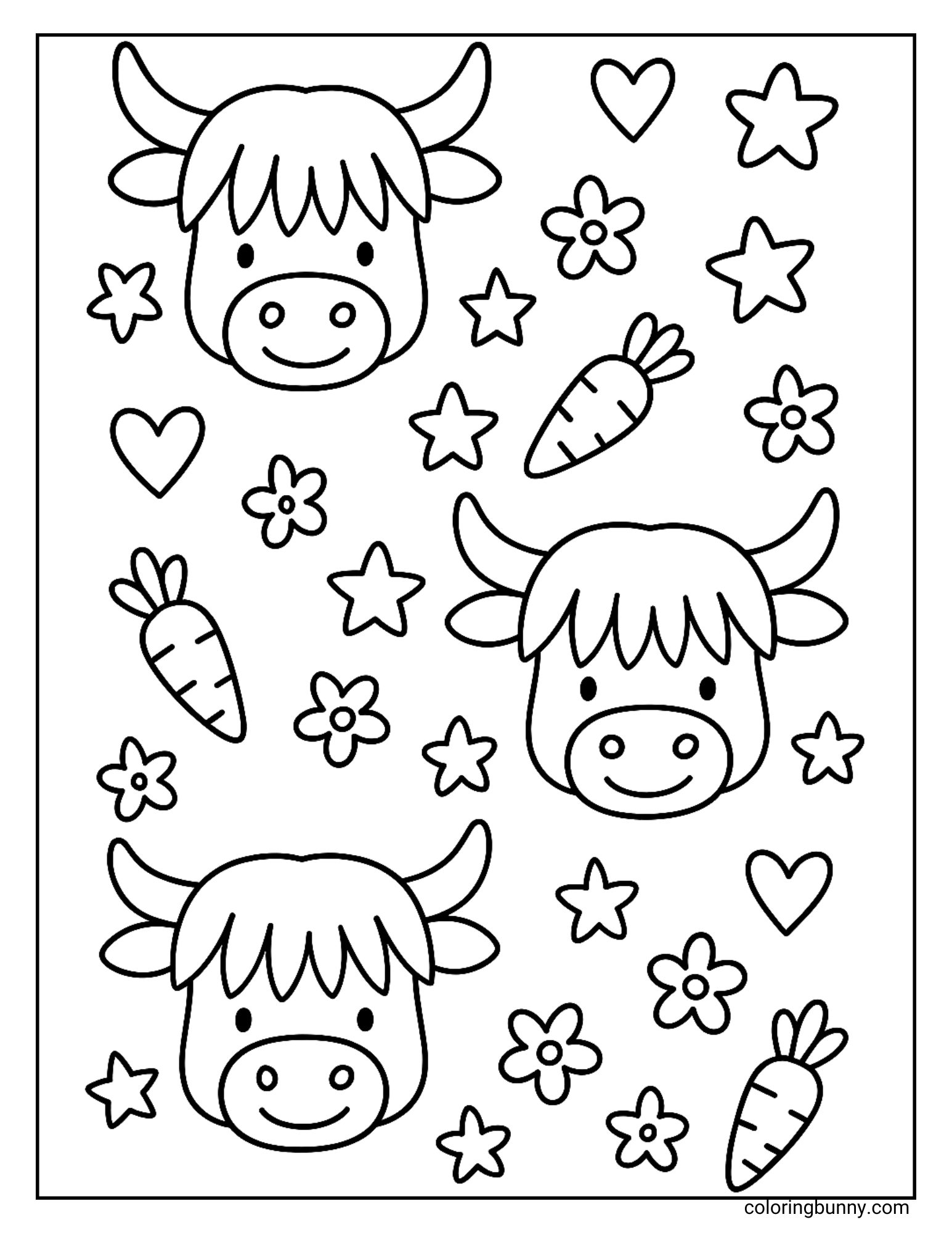 Cute Highland cow wallpaper coloring page with stars, hearts, carrots, and smiling cow faces.