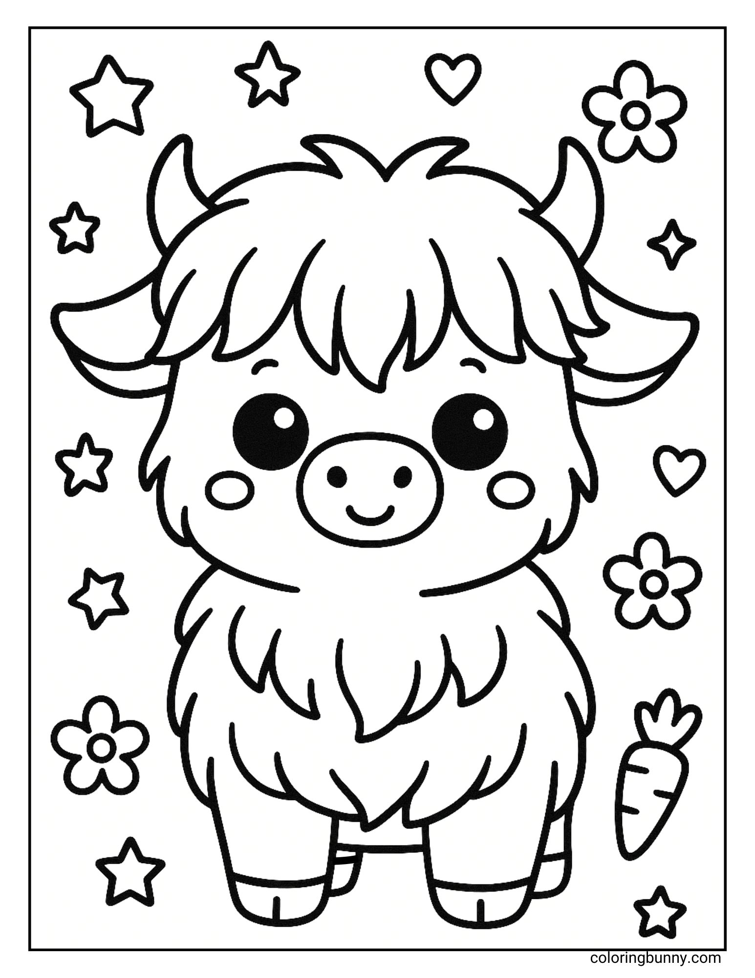 kawaii Highland cow coloring page with stars, hearts, flowers, and a carrot.