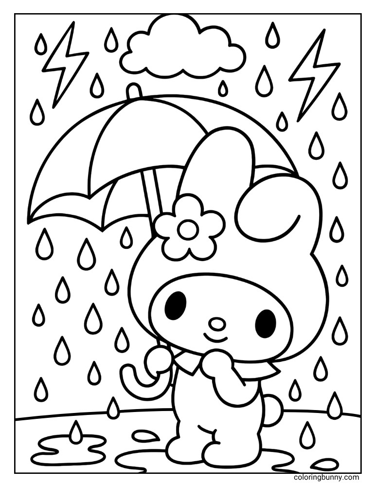 My Melody coloring page with her holding an umbrella in the rain, surrounded by raindrops, lightning, clouds, and puddles.