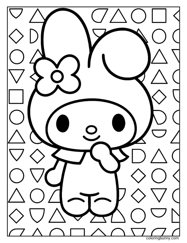 My Melody with background of various shapes, making a fun image to color.