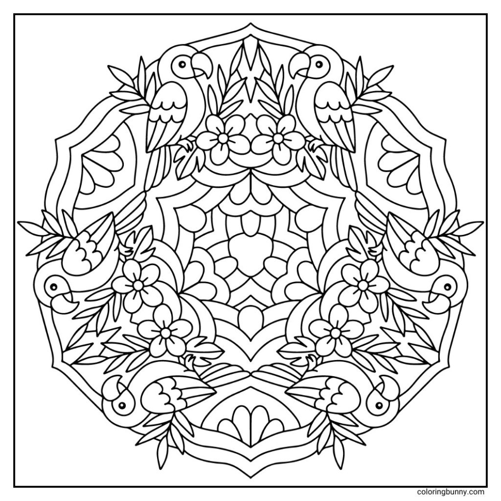 A vibrant hand-drawn mandala coloring page featuring parrots surrounded by flowers, leaves, and intricate floral accents - perfect for adding a burst of tropical color to your day.
