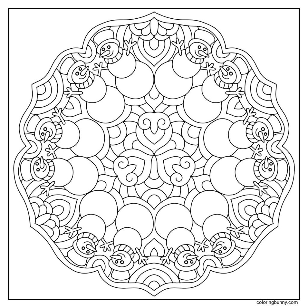 A cheerful hand-drawn winter mandala coloring page featuring 12 smiling snowmen arranged in a circular pattern. Each snowman has classic round shapes, a carrot nose, and twig arms, with winter accessories like scarves and hats adding charm. Curved lines fill the spaces between, giving the design a festive and playful winter feel. Great for cozy, colorful winter palettes.