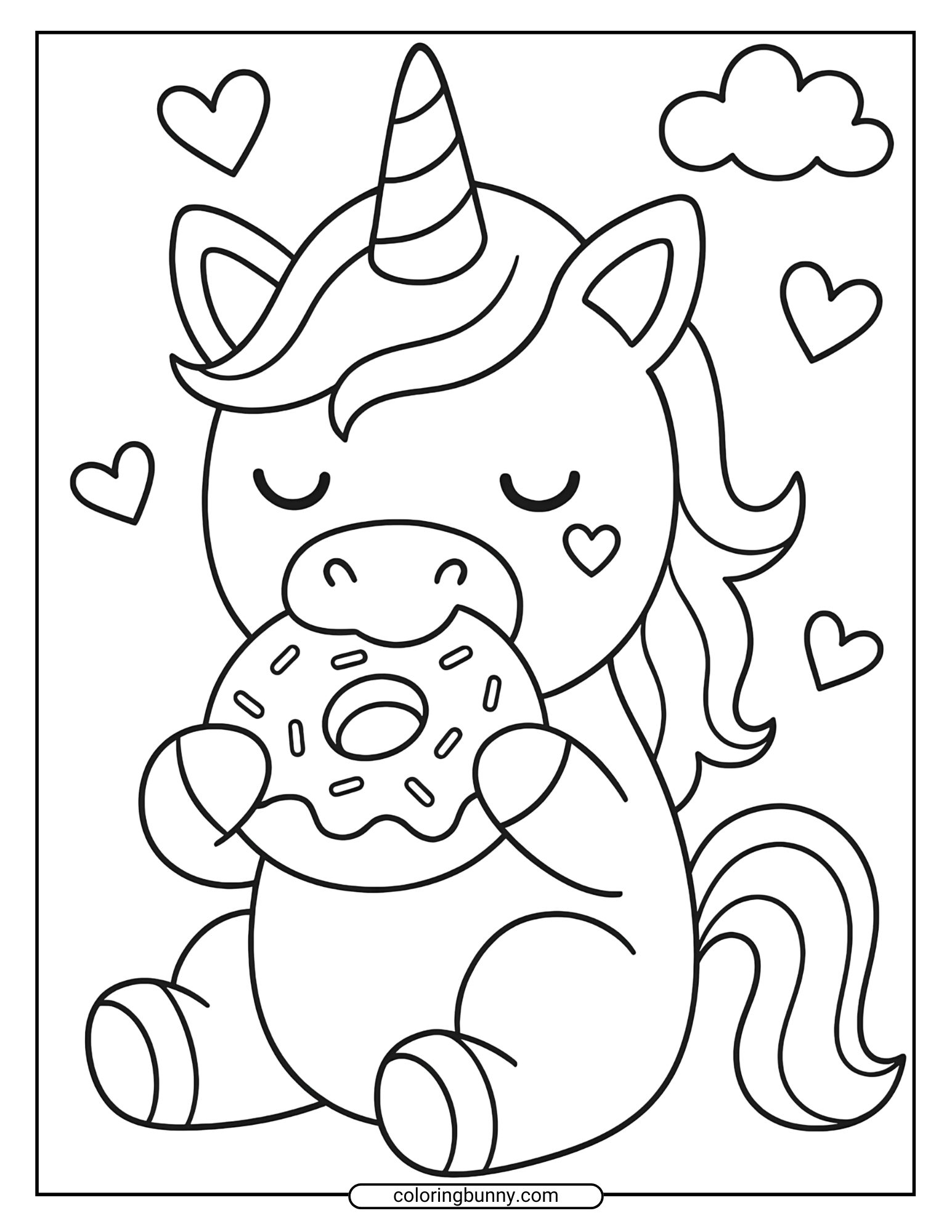 A baby unicorn coloring page featuring a chubby little unicorn holding a sprinkled donut close, with hearts floating around and a small cloud in the background, perfect for a fun and whimsical unicorn-themed coloring activity.