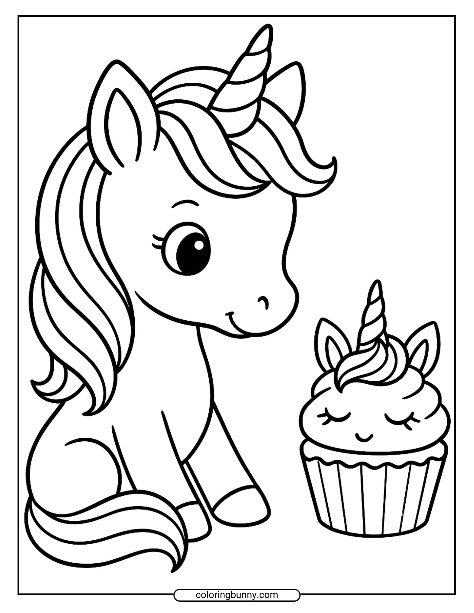 Baby unicorn coloring page showing an adorable unicorn gazing at a cupcake decorated like a tiny unicorn, with swirled frosting and ears, ideal for a magical and sweet-themed coloring project.