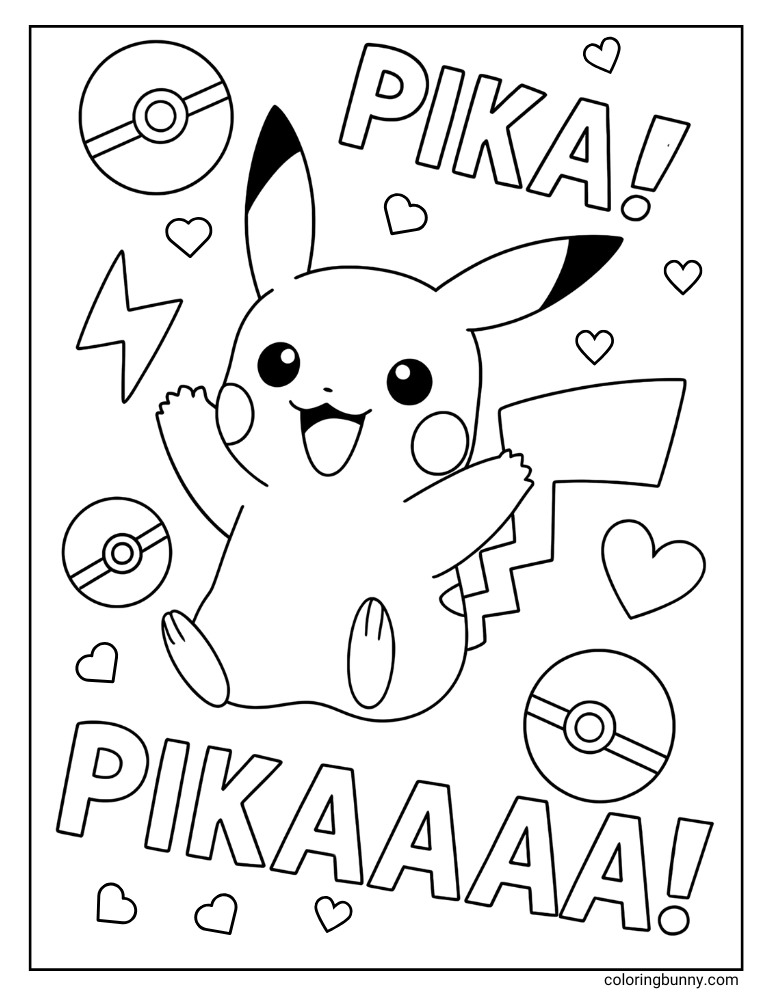 Cute Pikachu surrounded by Poké Balls, hearts, and lightning bolts with the text "PIKA!" and "PIKAAAA!" in bold letters.