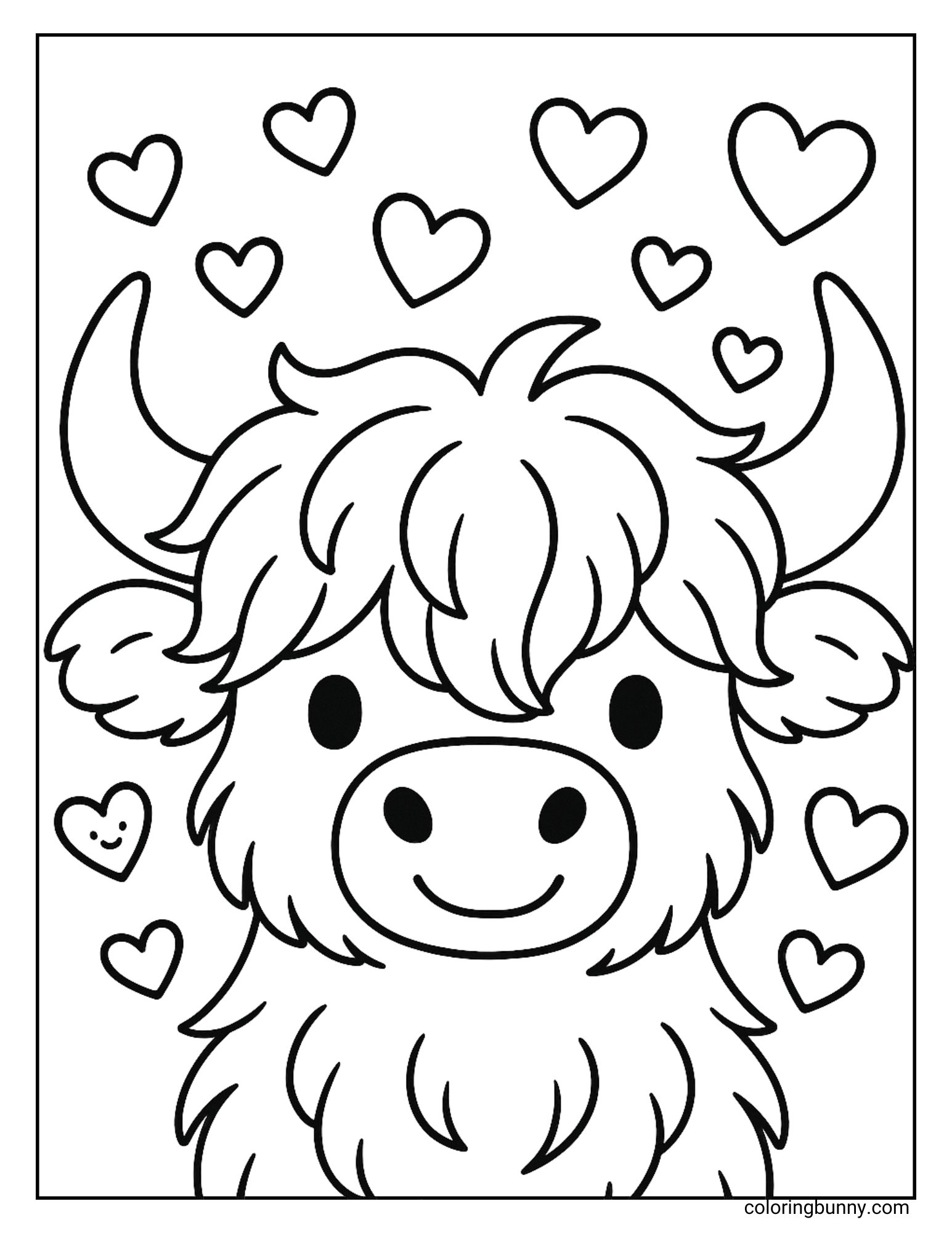 Cute Highland cow coloring page surrounded by floating hearts with a happy smile.