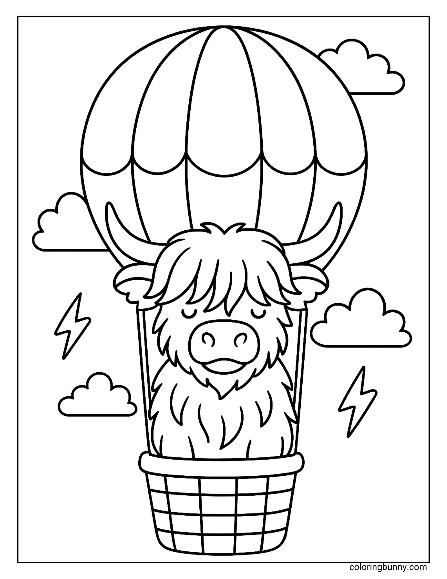 Printable Highland cow coloring page featuring a cow in a hot air balloon.