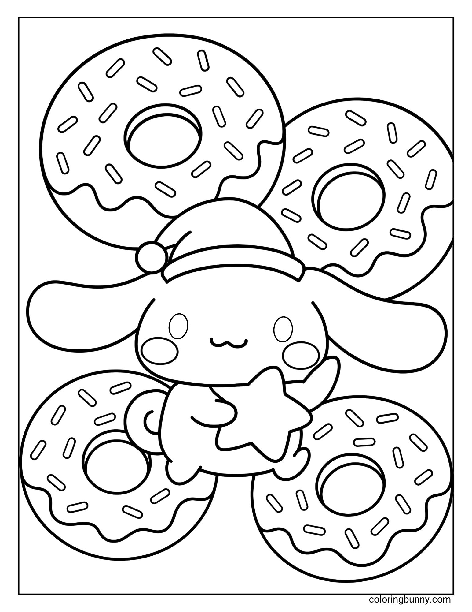 Coloring sheet of Cinnamoroll with a Santa hat holding a star surrounded by giant donuts with sprinkles.