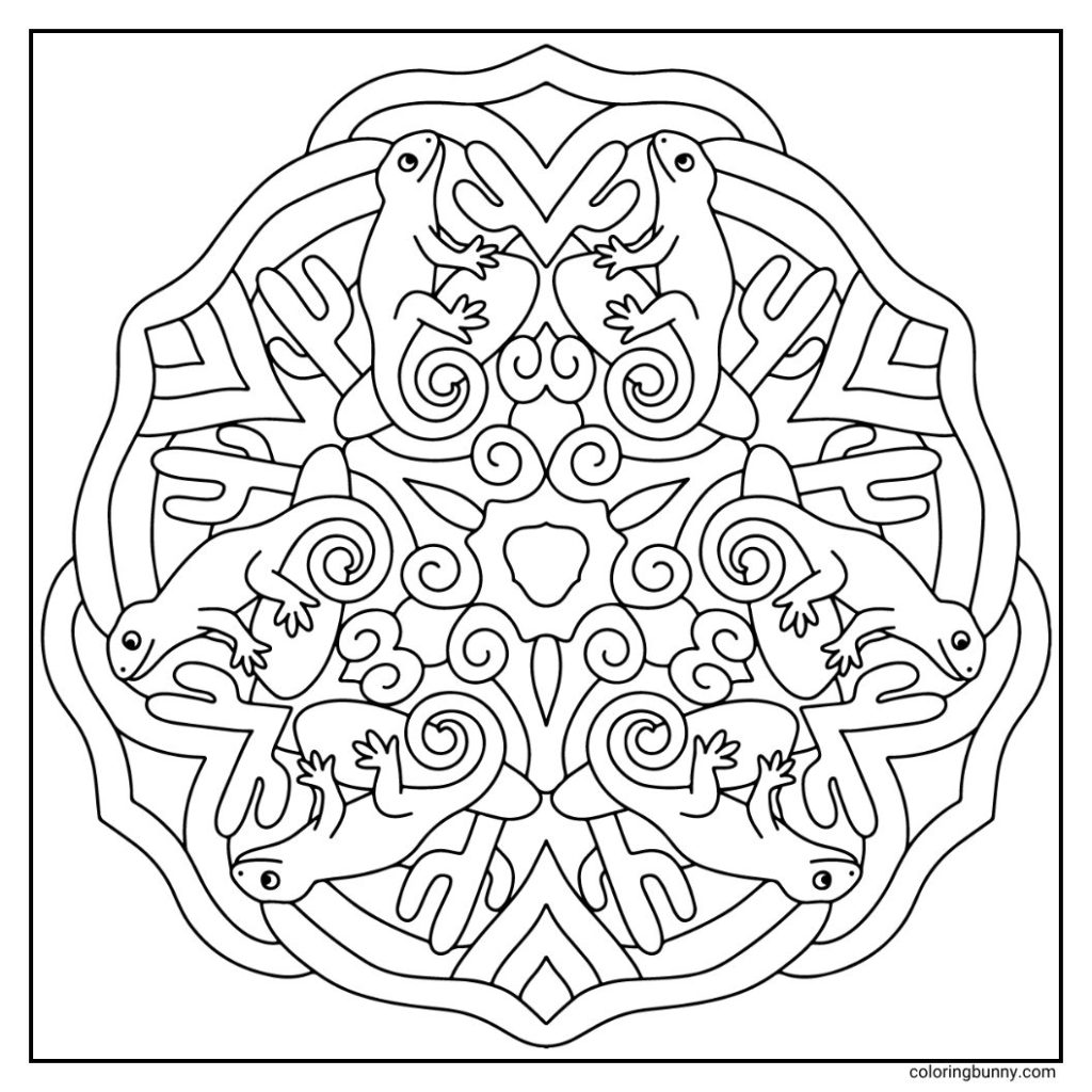 A bold hand-drawn animal mandala coloring page showcasing desert lizards arranged in a dynamic circular pattern. Each lizard is illustrated with curling tails, and alert stances, surrounded by cacti, and tribal shapes that evoke a sunbaked desert atmosphere. A striking design perfect for warm tones and detailed coloring.