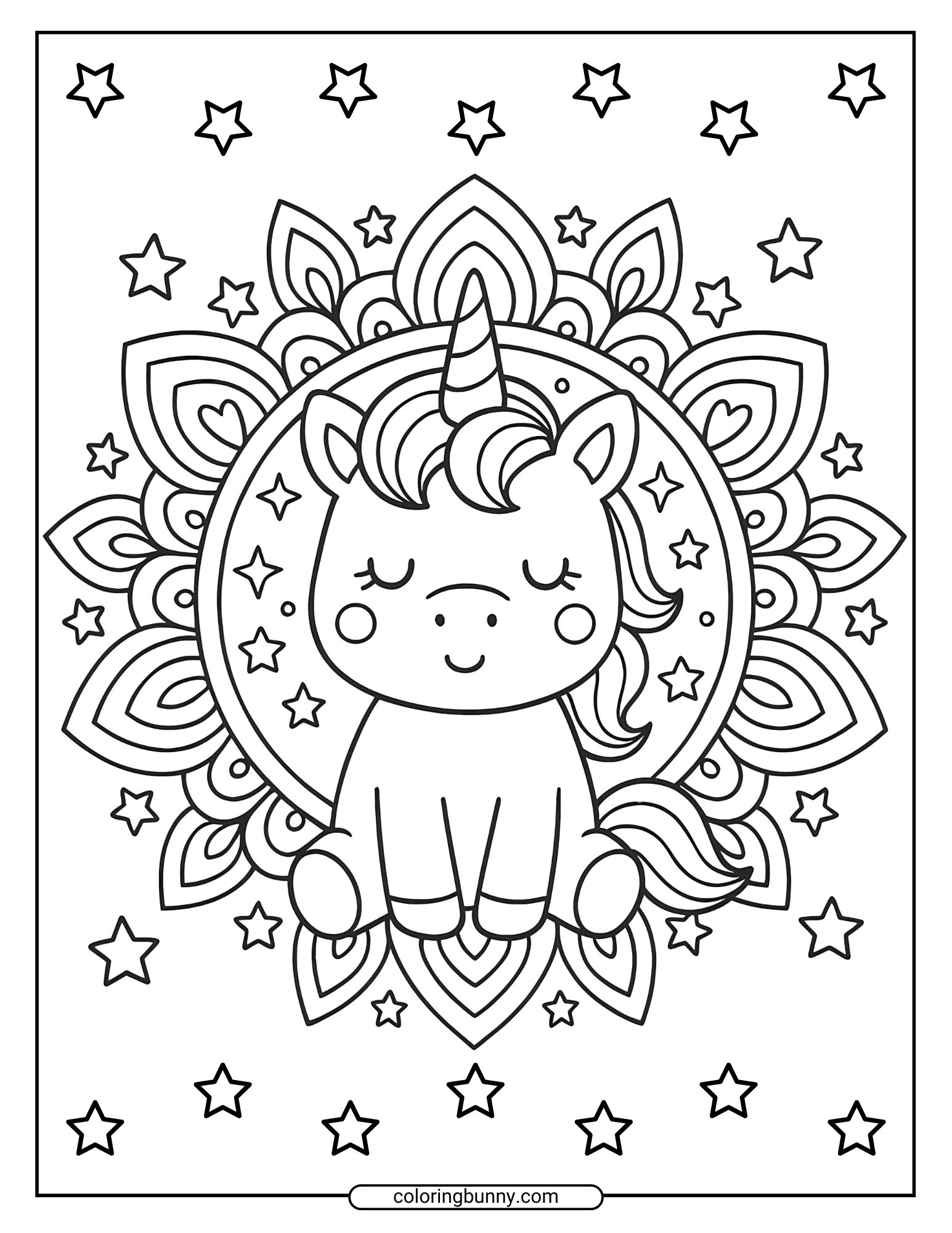 This baby unicorn coloring page features a sweet unicorn sitting inside a detailed mandala circle surrounded by stars. The mix of intricate patterns and soft, open shapes makes it both relaxing and exciting to color.