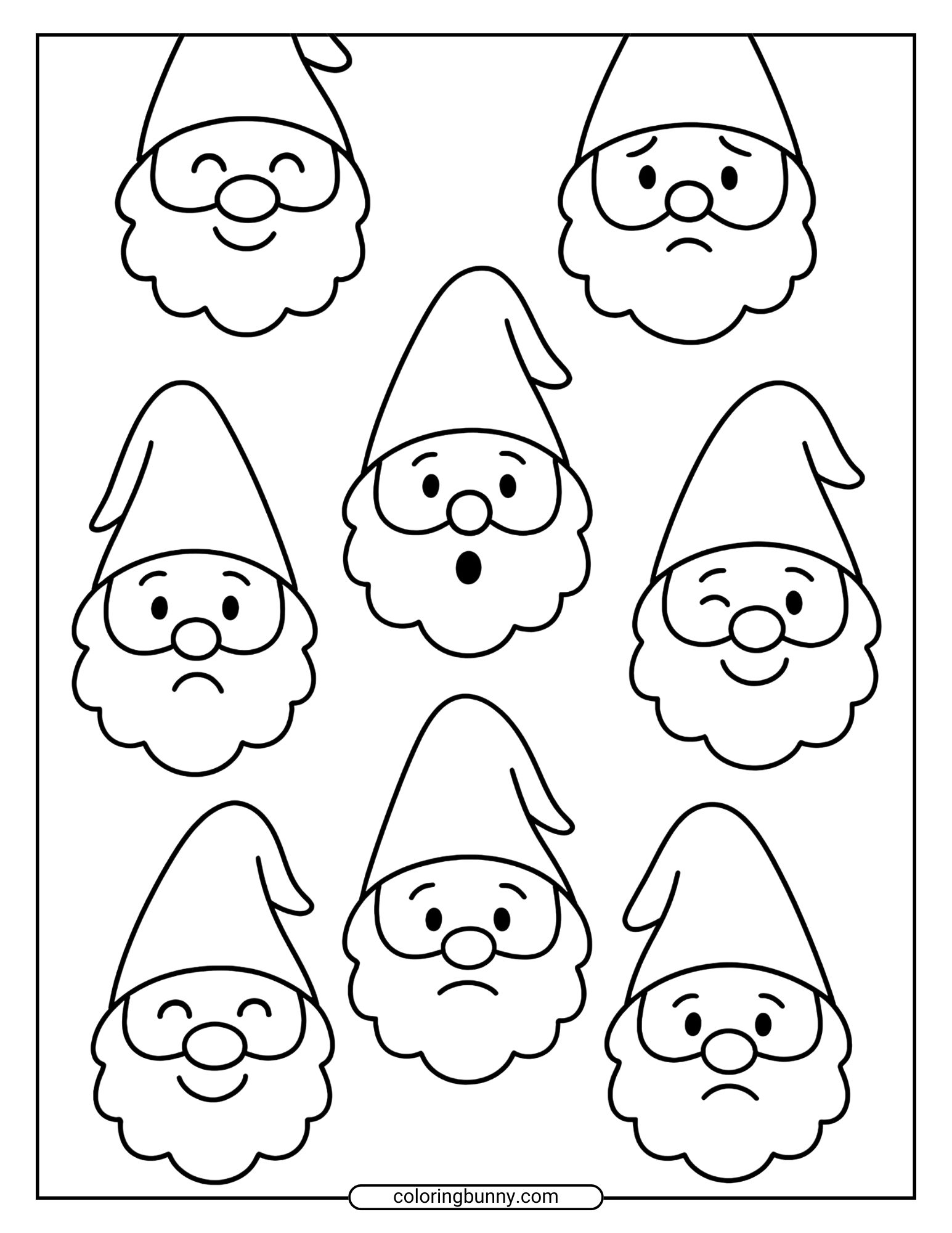 A free printable gnome coloring page with eight different gnome faces, each showing a unique emotion like happy, sad, or surprised.