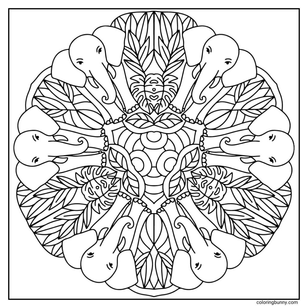 A majestic hand-drawn animal mandala coloring page showcasing elegant elephants arranged in a graceful circular formation. Each elephant is surrounded by tropical leaves, with ornamental swirls at the center, creating a sense of regal calm. Ideal for mindful coloring sessions with earthy, grounded tones.