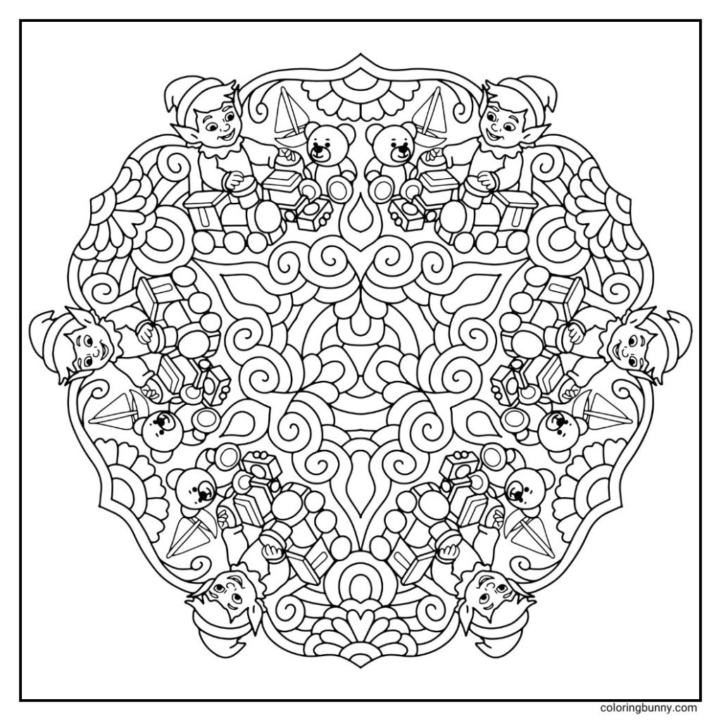 A playful hand-drawn Christmas mandala featuring cheerful elves surrounded by a whimsical assortment of toys - chugging toy trains, building blocks, a charming little boat, and a cuddly teddy bear. Delicate floral patterns weave between the toys, blending festive joy with elegant decorative details, making it perfect for a nostalgic holiday coloring experience.