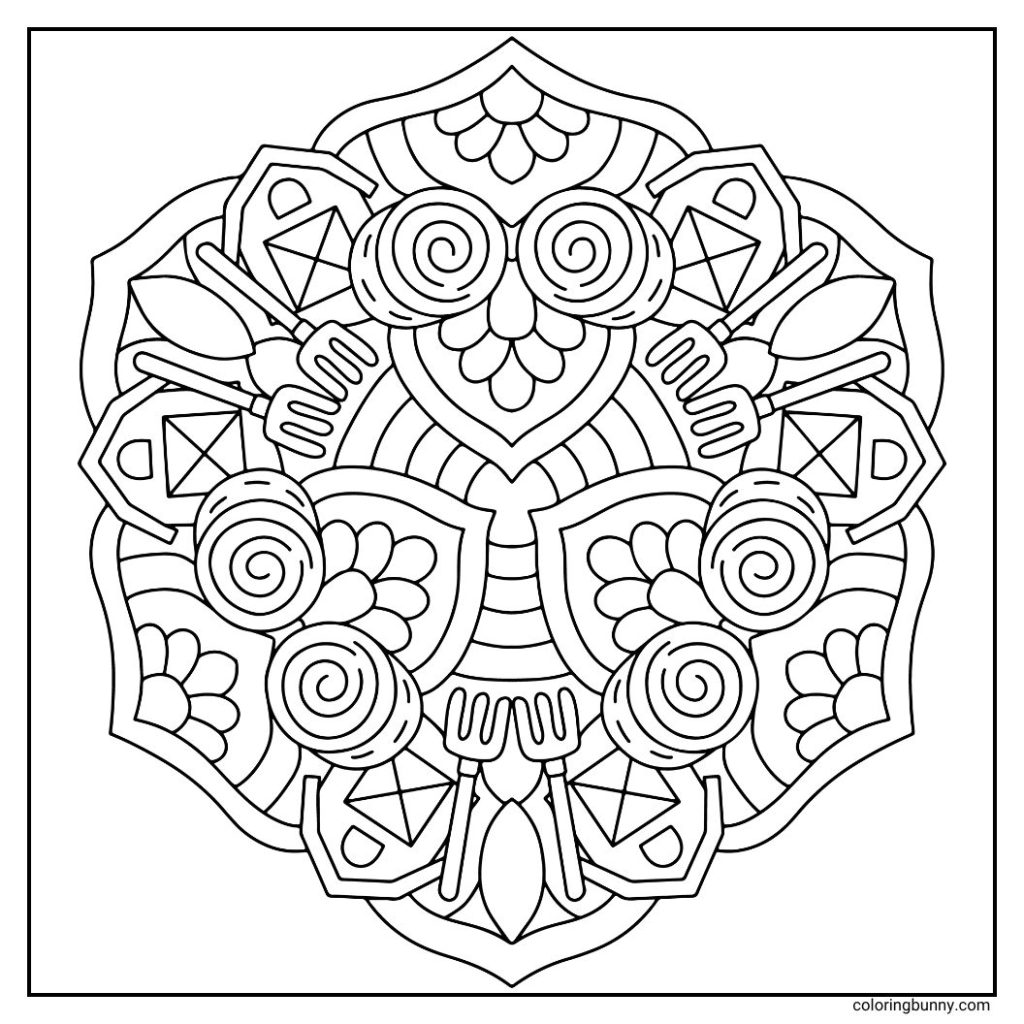A rustic hand-drawn mandala coloring page filled with hay bales, pitchforks, and barns, celebrating the hard work and golden beauty of the autumn harvest season.