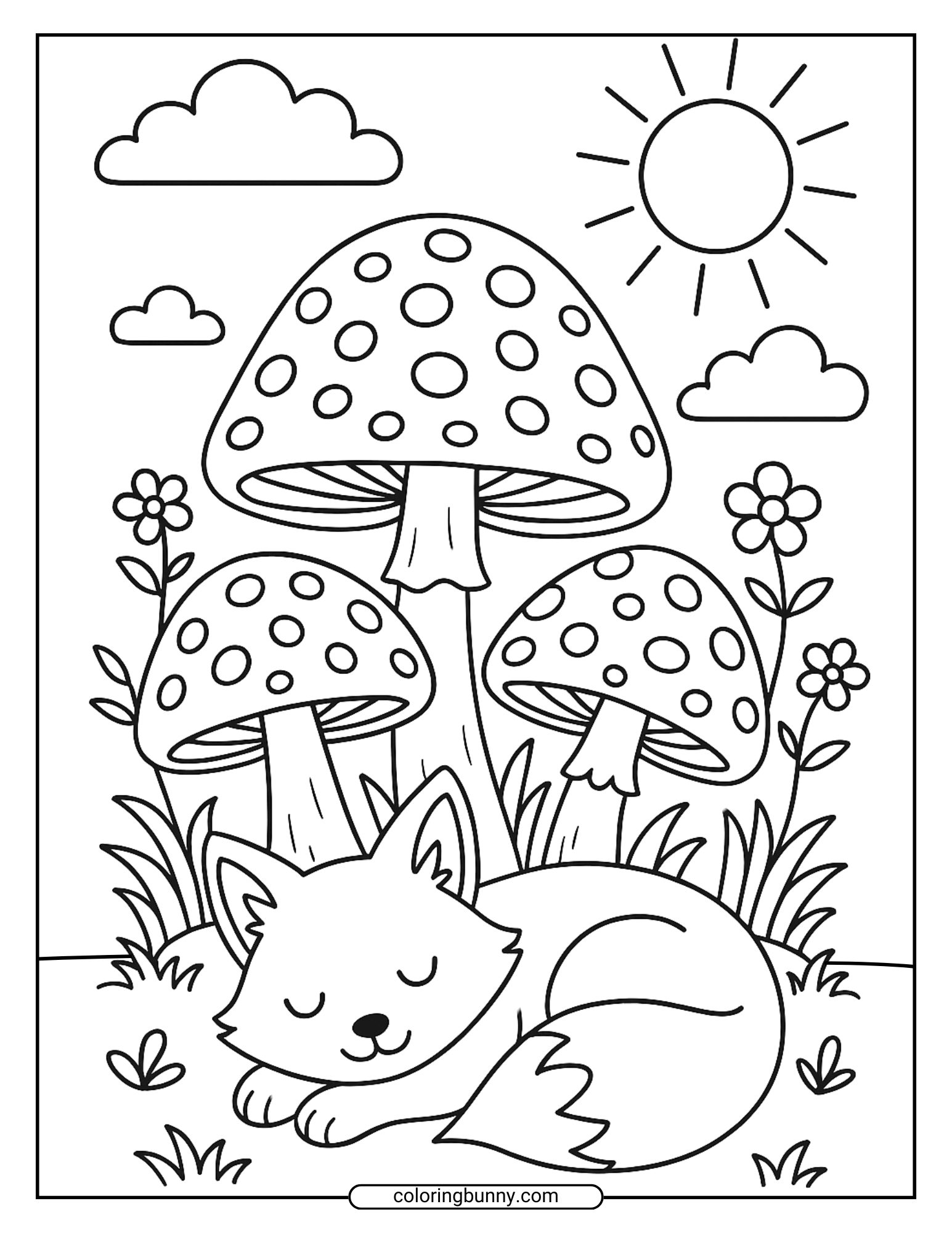 Mushromo coloring page of a sleeping fox curled up in front of three large mushrooms with spotted caps, surrounded by grass, flowers, and sunny sky with fluffy clouds.