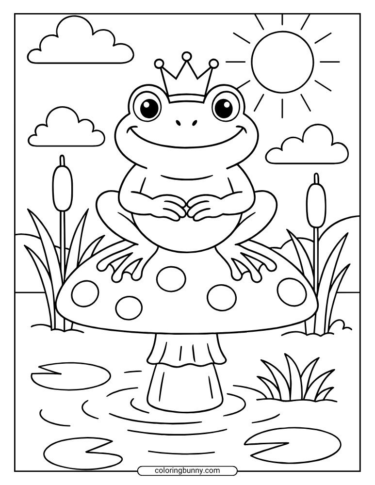 A fairytale-inspired mushroom coloring page for children of a cute frog wearing a crown sits on a large spotted mushroom growing out of a pond, with lily pads, cattails, and a bright sun in the sky.