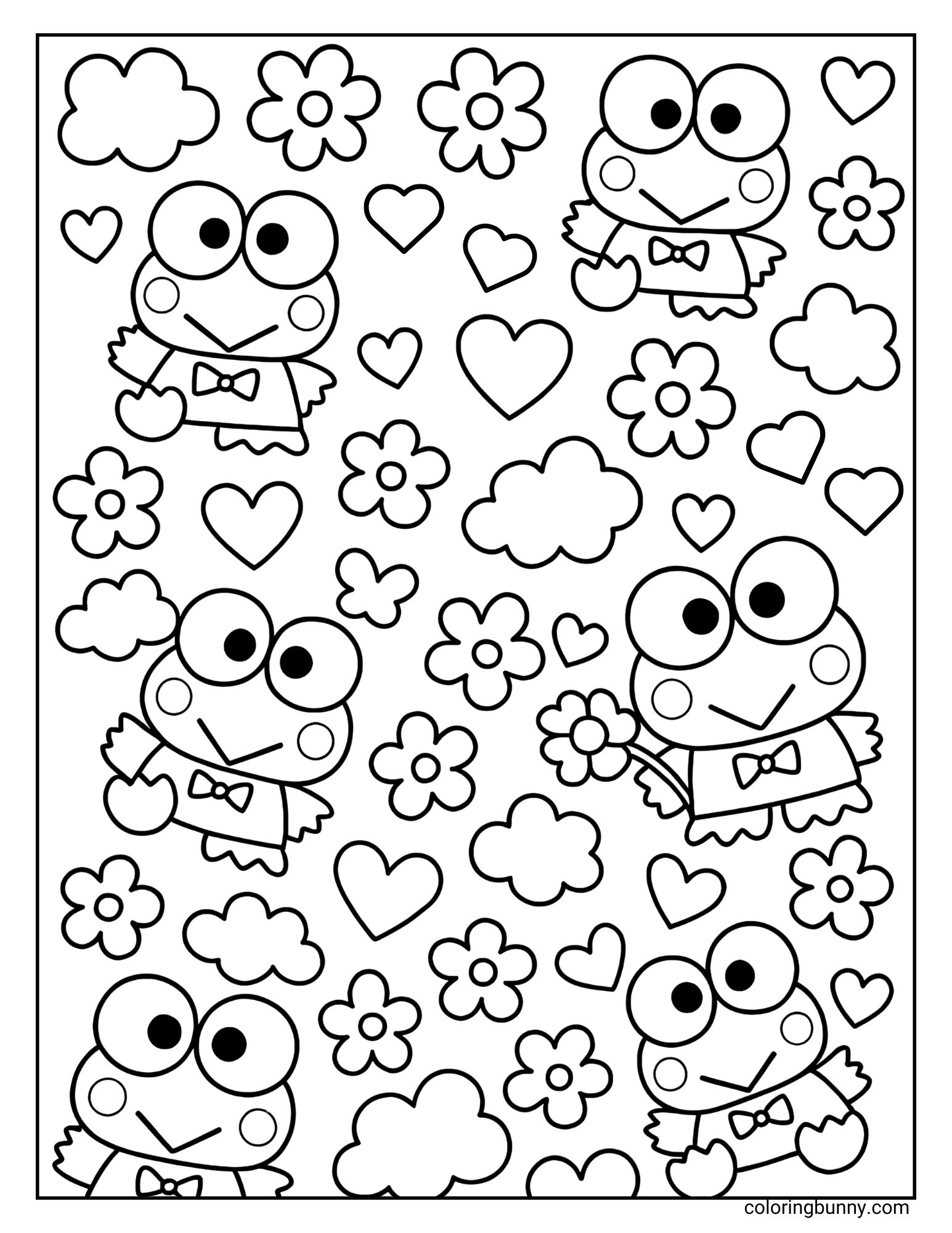 Coloring page featuring multiple cute Keroppi poses arranged in a repeating pattern with hearts, flowers, and clouds, creating a playful and fun wallpaper-style background perfect for Keroppi fans to color.