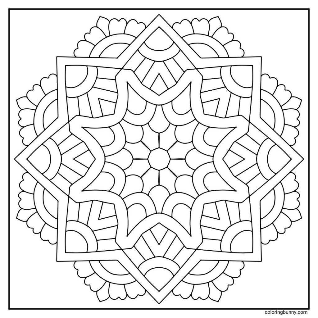 A hand-drawn mandala coloring page featuring a geometric lattice framework softened by leafy, petal-like motifs. The structured symmetry is balanced by organic curves, giving the design both precision and natural flow. This fusion of order and nature makes it perfect for a coloring experience that’s both grounding and relaxing.