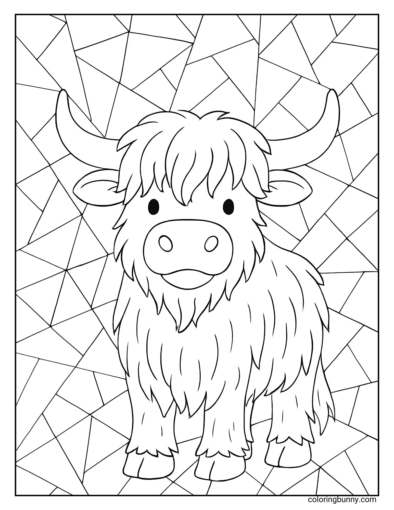 Highland cow coloring page with a funky geometric pattern background, great for kids and adults to color.