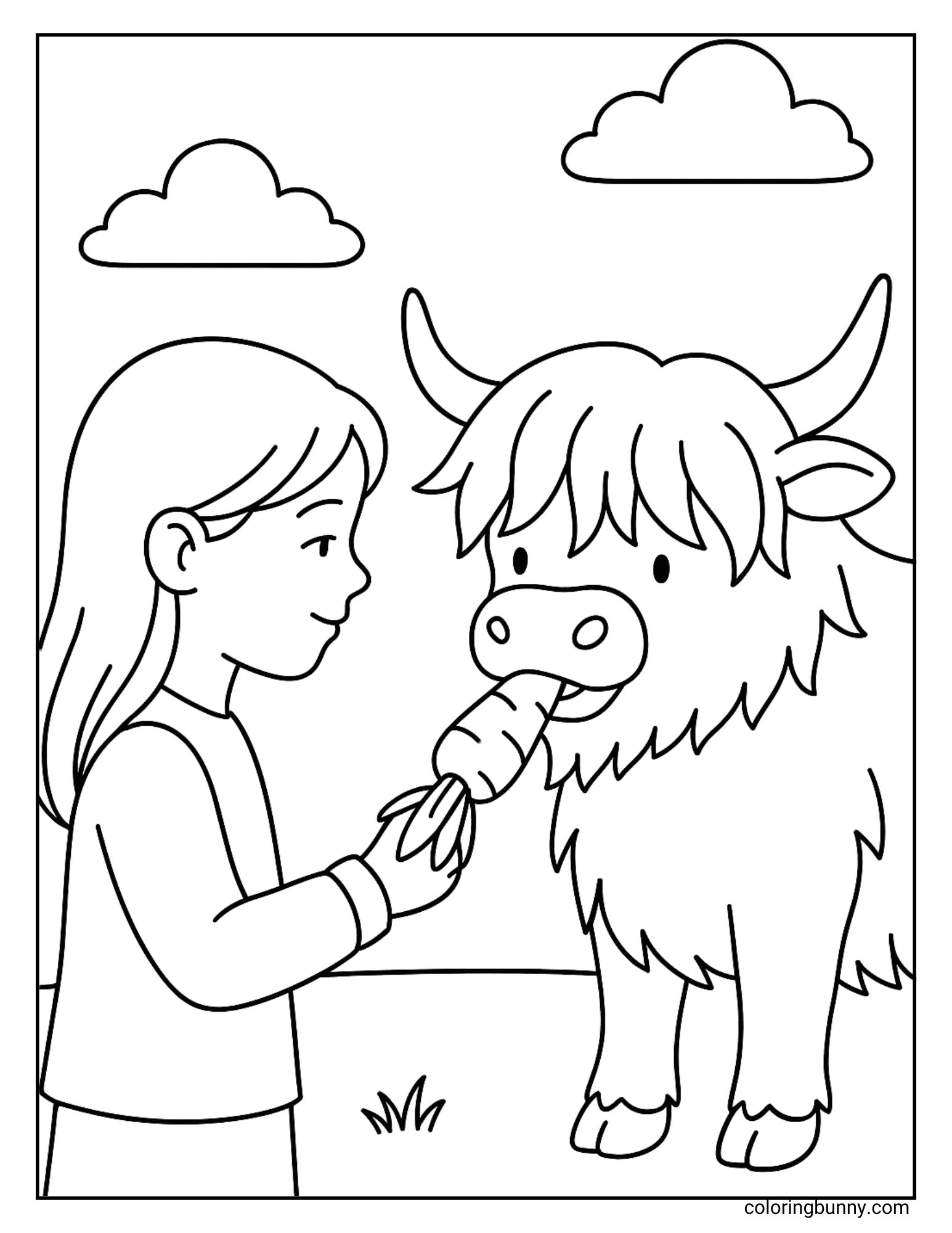 Black and white coloring page of a girl feeding a Highland cow a carrot, with clouds in the sky and simple background details.