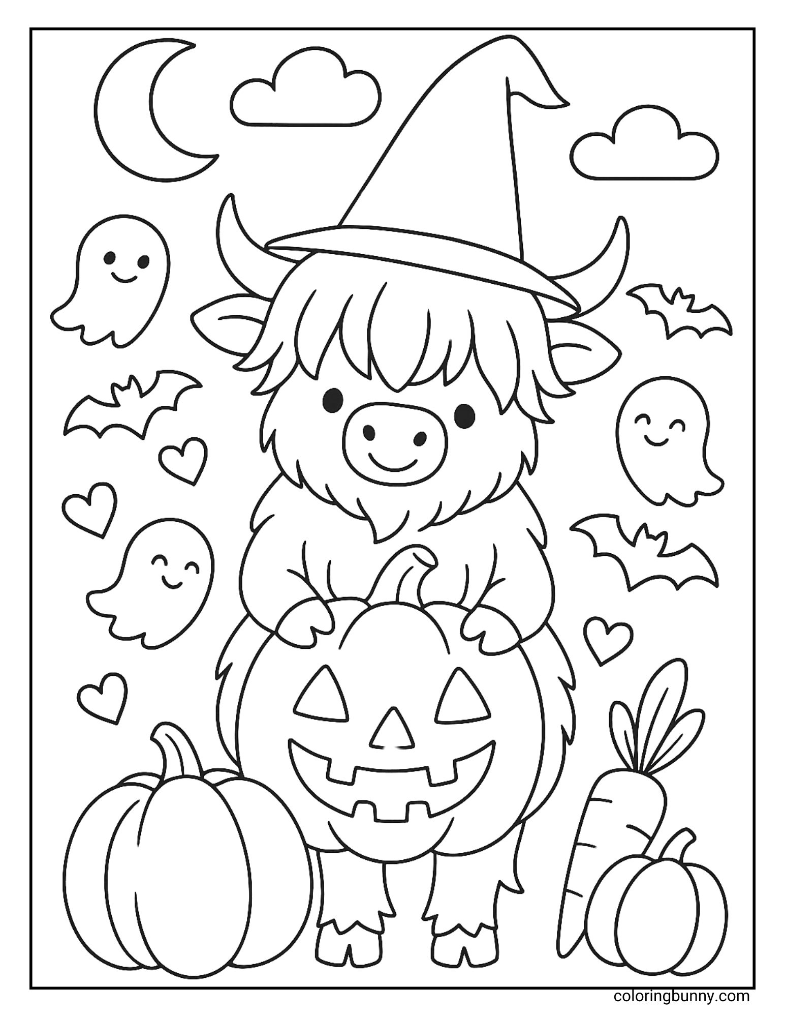 Halloween Highland cow coloring page with a pumpkin, ghosts, bats, and moon