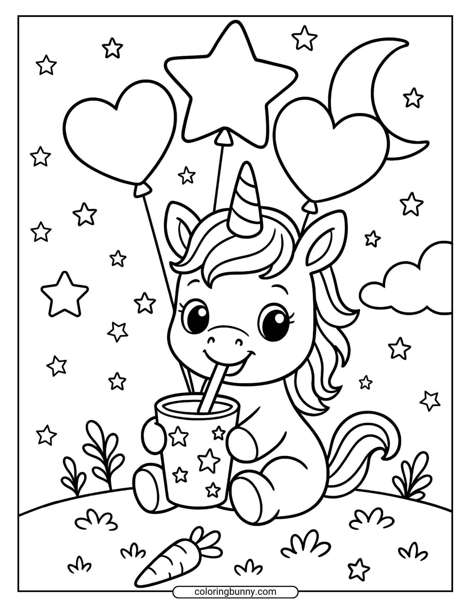 Coloring sheet of a cheerful baby unicorn holding a cup with a straw, surrounded by heart and star balloons, the moon, and stars.