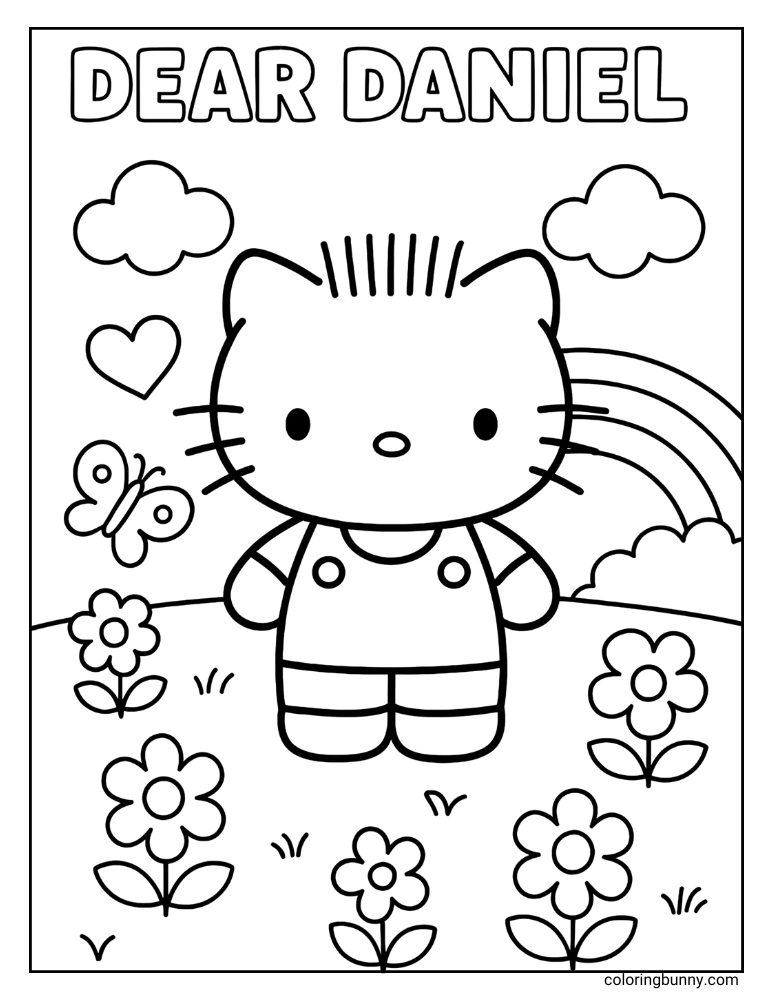 Black and white Dear Daniel coloring page featuring Dear Daniel, Hello Kitty's boyfriend, standing in a field of flowers. A rainbow, clouds, a butterfly, and a small heart are in the background. The name "DEAR DANIEL" is written in large bubble letters at the top.