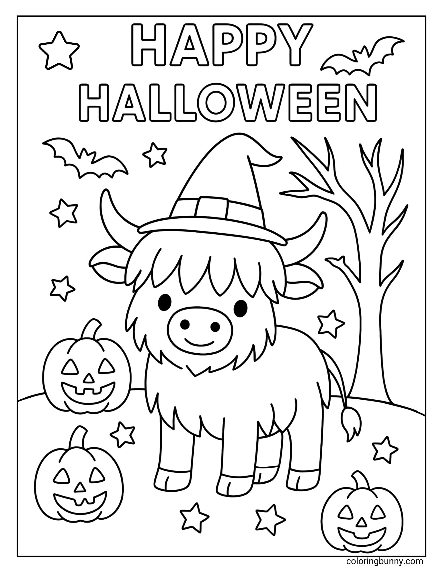 Black and white Halloween-themed coloring page of a Highland cow wearing a witch hat with pumpkins, bats, stars, and a bare tree.