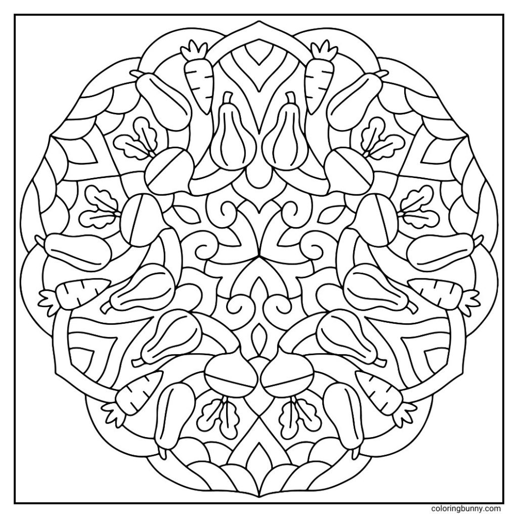 A hand-drawn fall mandala coloring page featuring seasonal vegetables such as carrots, squash, and gourds arranged in circular symmetry. The design captures the abundance of the harvest season, making it a perfect coloring page for celebrating fall’s bounty.