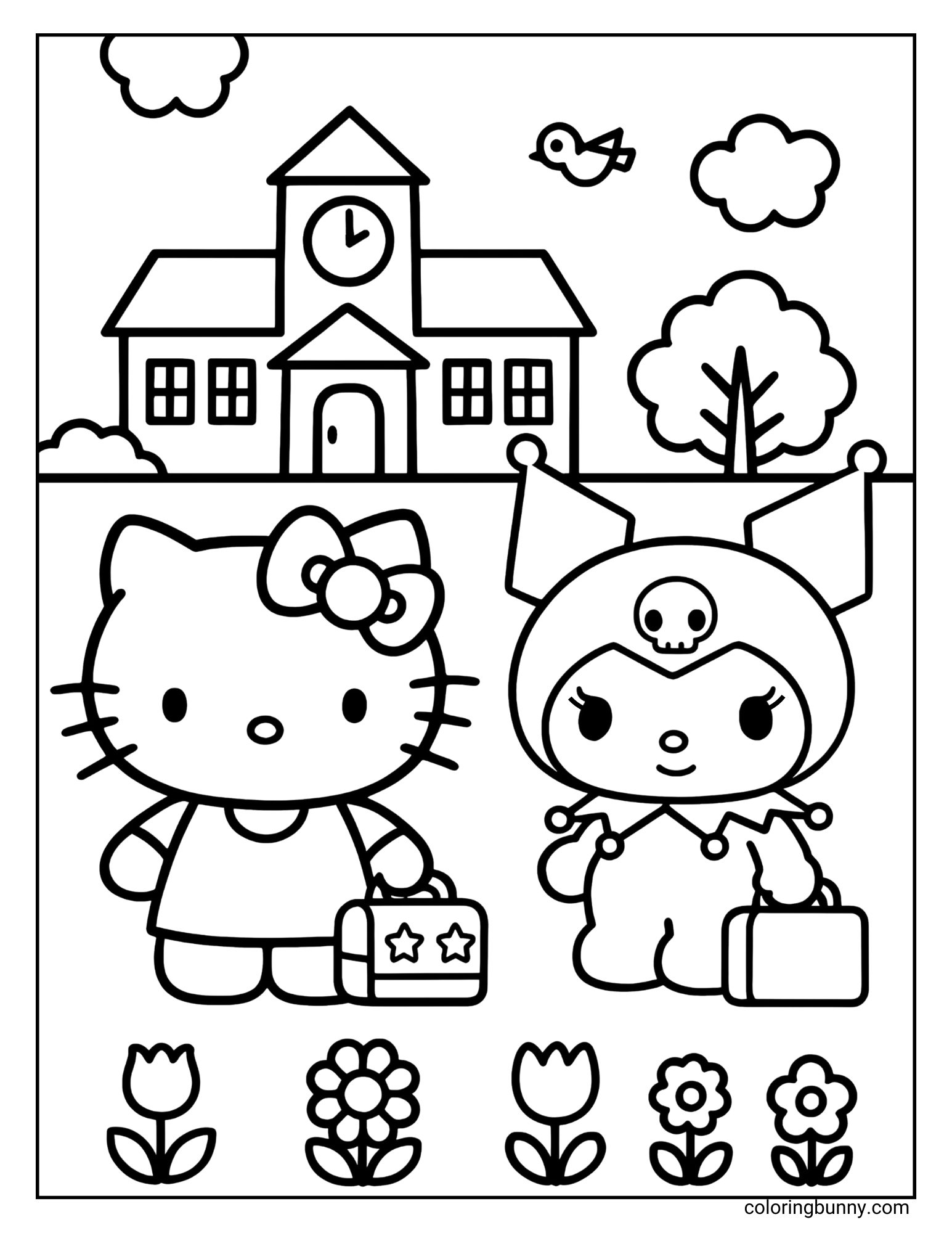 A coloring page of Hello Kitty and Kuromi with their bags, standing in front of a school with a clock.