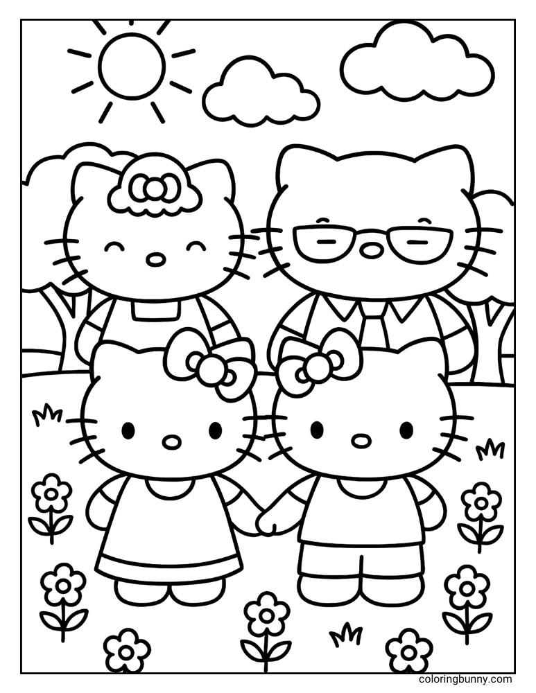 Sanrio coloring sheet featuring Hello Kitty, her twin sister Mimmy, and their parents standing together in a sunny park with clouds, trees, and flowers. Perfect for fans who love wholesome family moments.