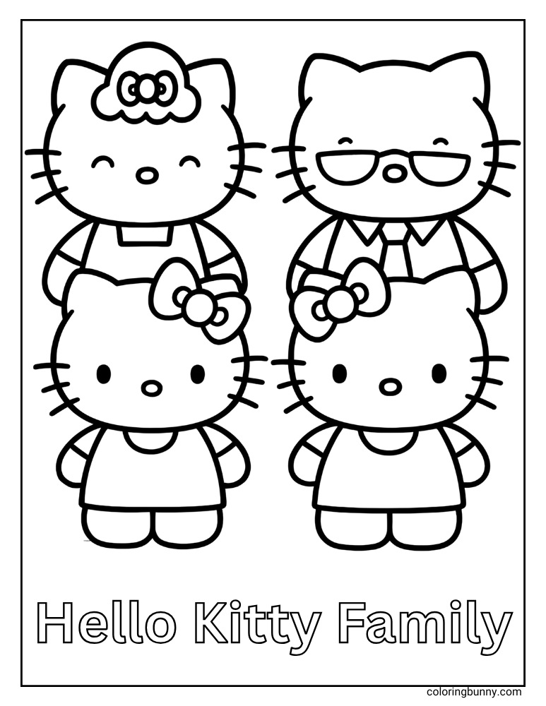 A black and white Sanrio coloring page of the Hello Kitty family, including Hello Kitty, her parents, and her sister Mimmy.