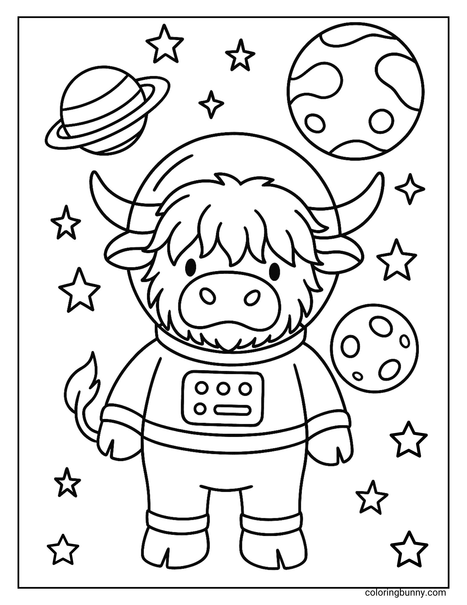 Black and white coloring page of a Highland cow in a space suit, surrounded by stars and planets in outer space.