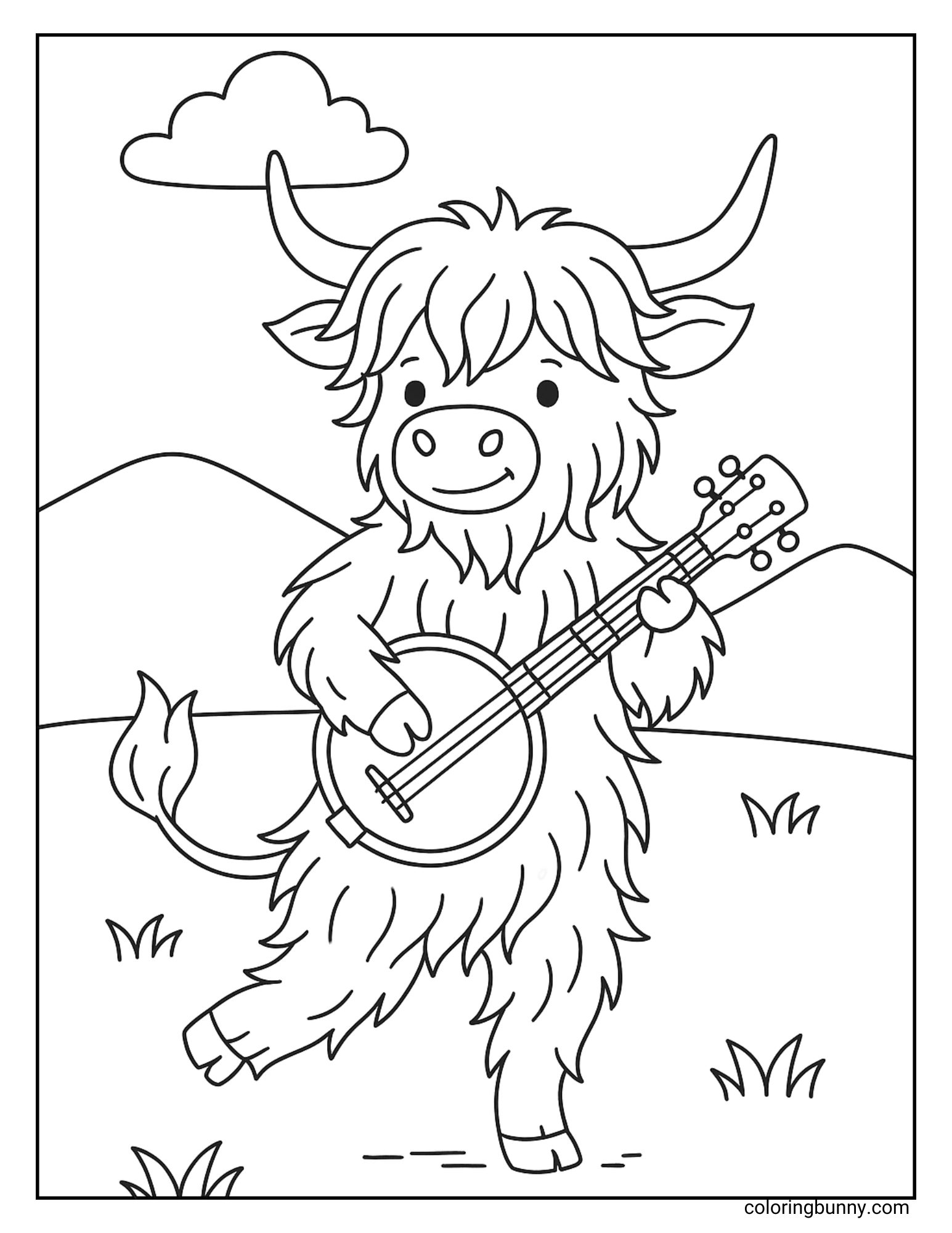 Black and white coloring page of a Highland cow playing a banjo while standing on one leg in a grassy field.
