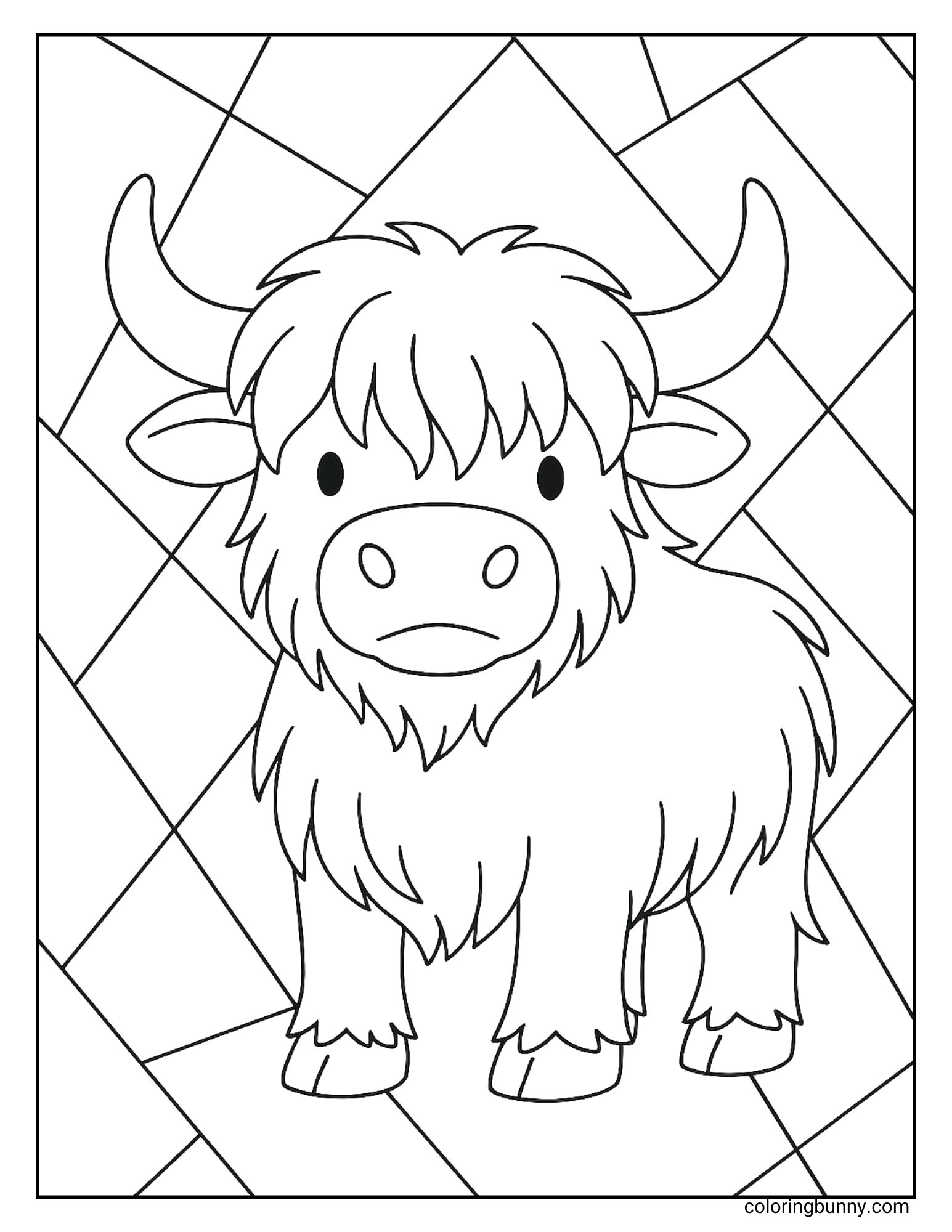 Highland Cow coloring page wth a simple and easy geometric background for kids