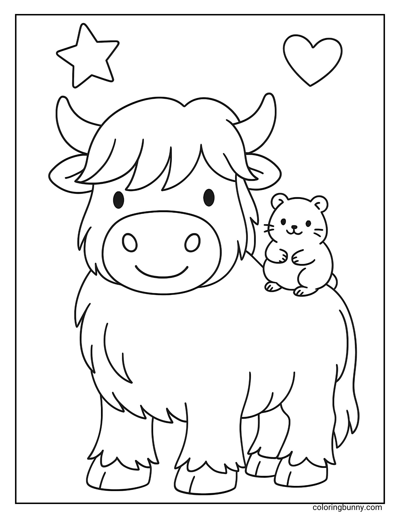 A black and white coloring page of a Highland cow with a small animal sitting on its back, with stars and a heart above.
