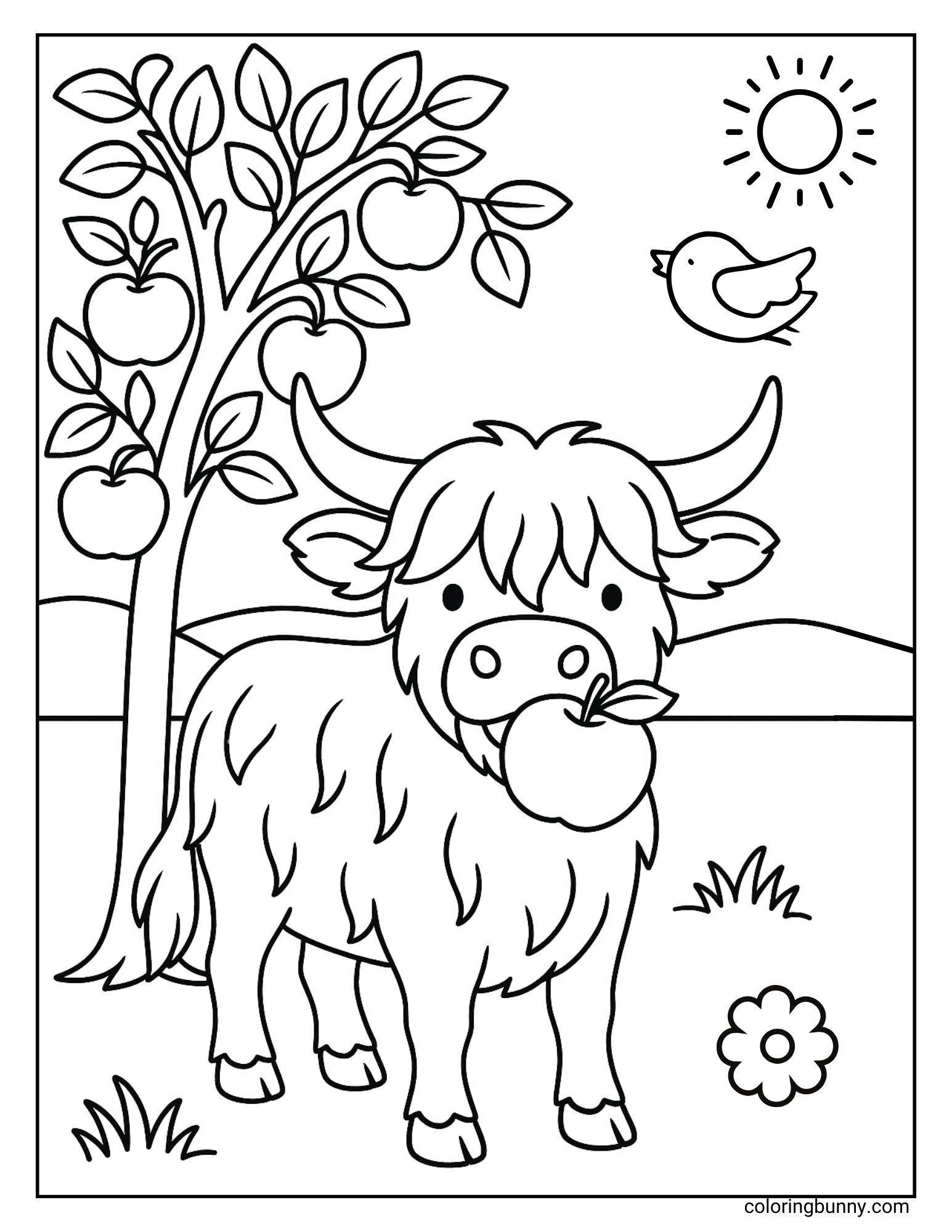 A black and white coloring page of a Highland cow holding an apple in its mouth beside an apple tree, with a sun, a bird, and hills in the background.