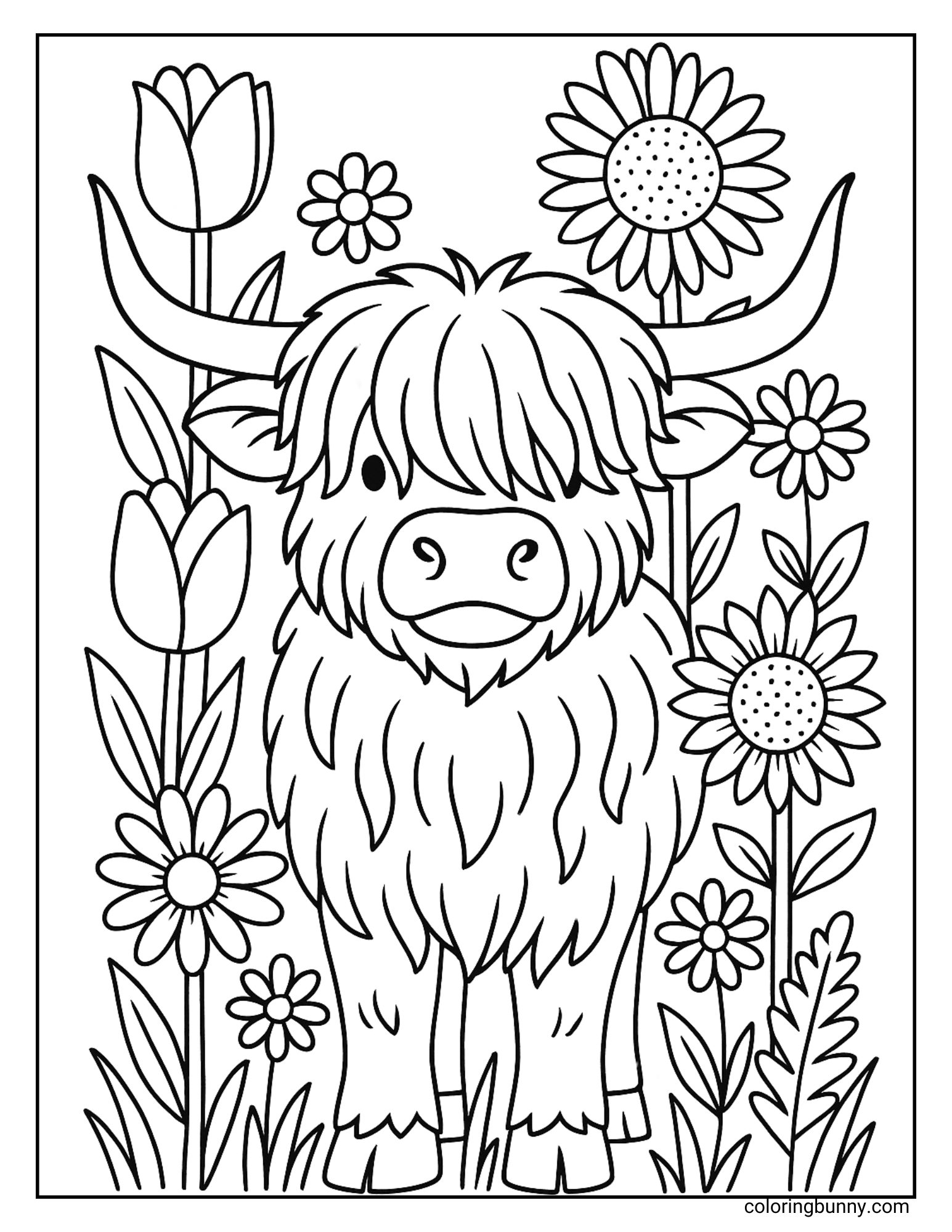 Black and white coloring page of a Highland cow surrounded by large flowers, including tulips and daisies.