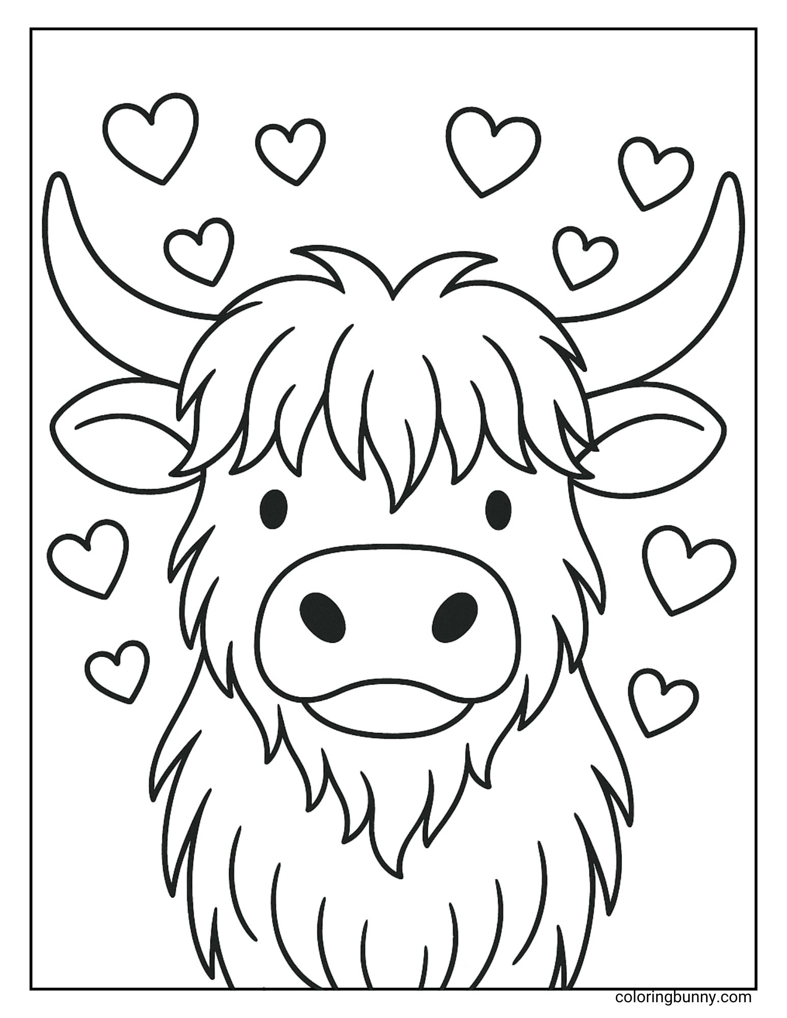 Cute Highland cow close-up coloring page with hearts floating around its head.