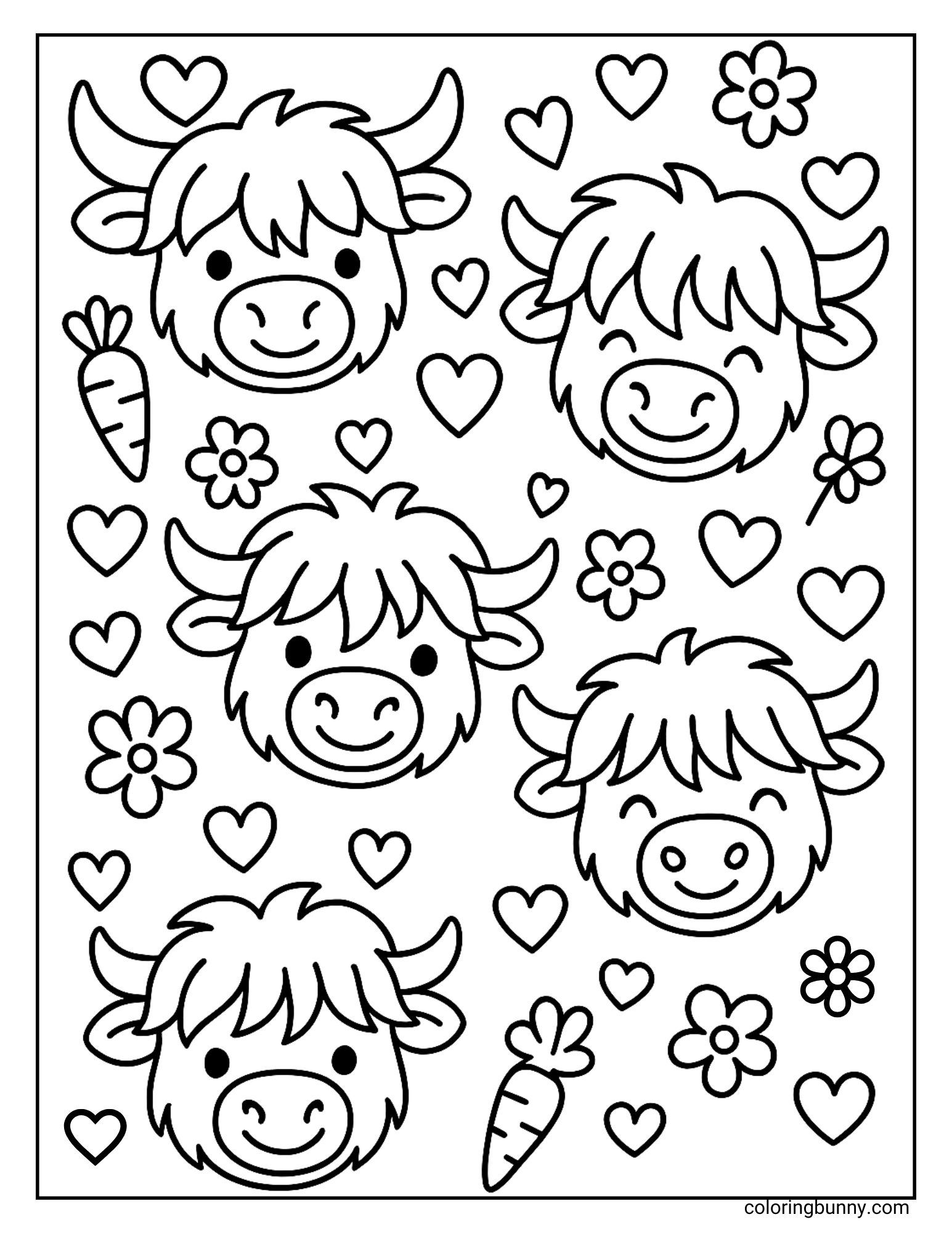Coloring page filled with adorable Highland cow faces and cute background elements like hearts, carrots, and flowers.
