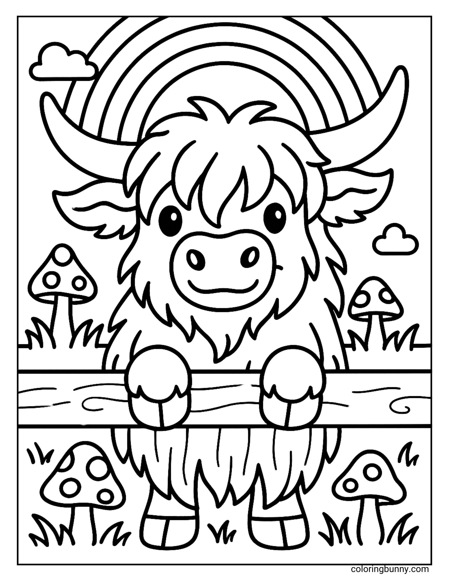A black and white coloring page of a Highland cow peeking over a fence with a rainbow and mushrooms in the background.