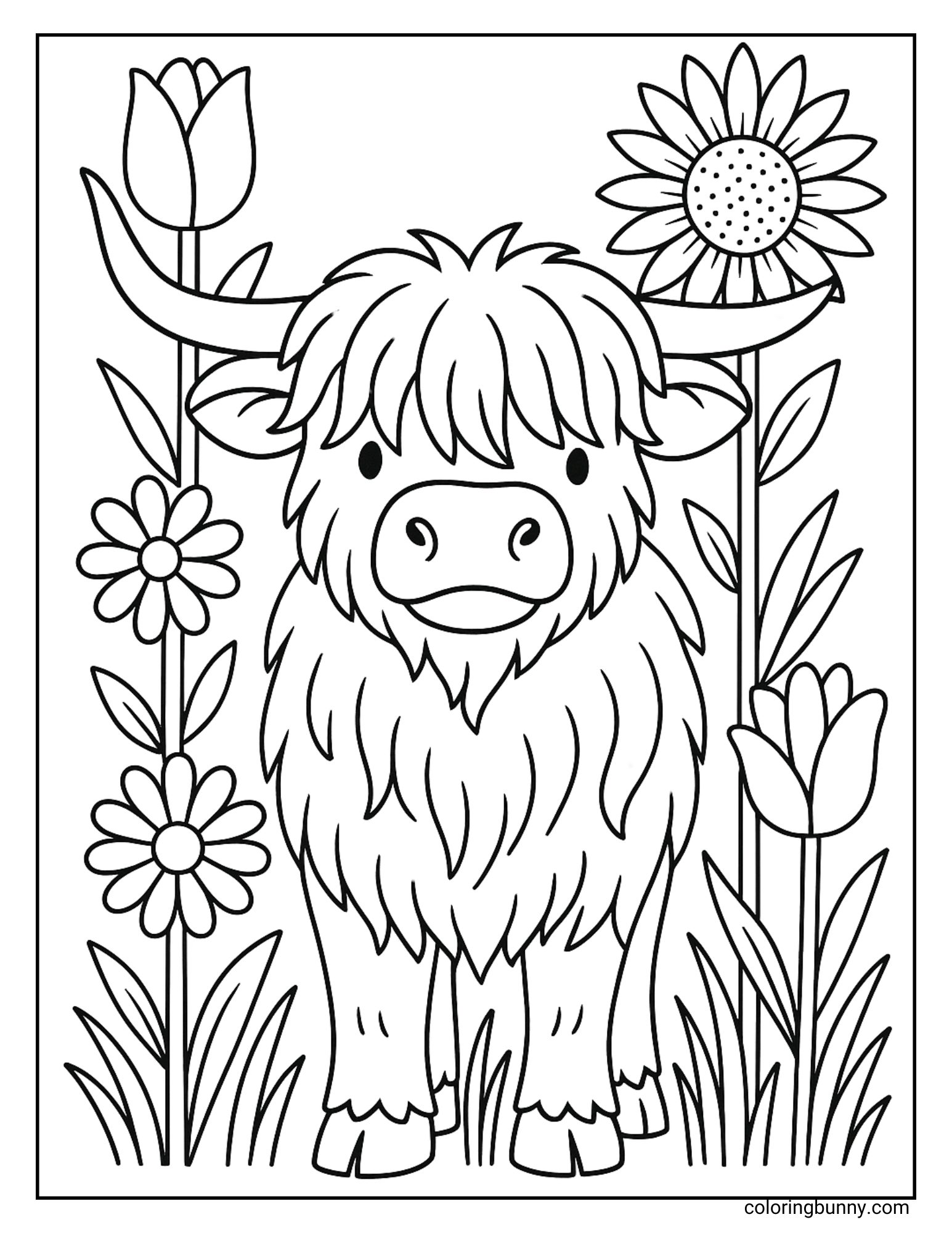 A black and white coloring page of a Highland cow standing among tall flowers, including tulips, daisies, and sunflowers.