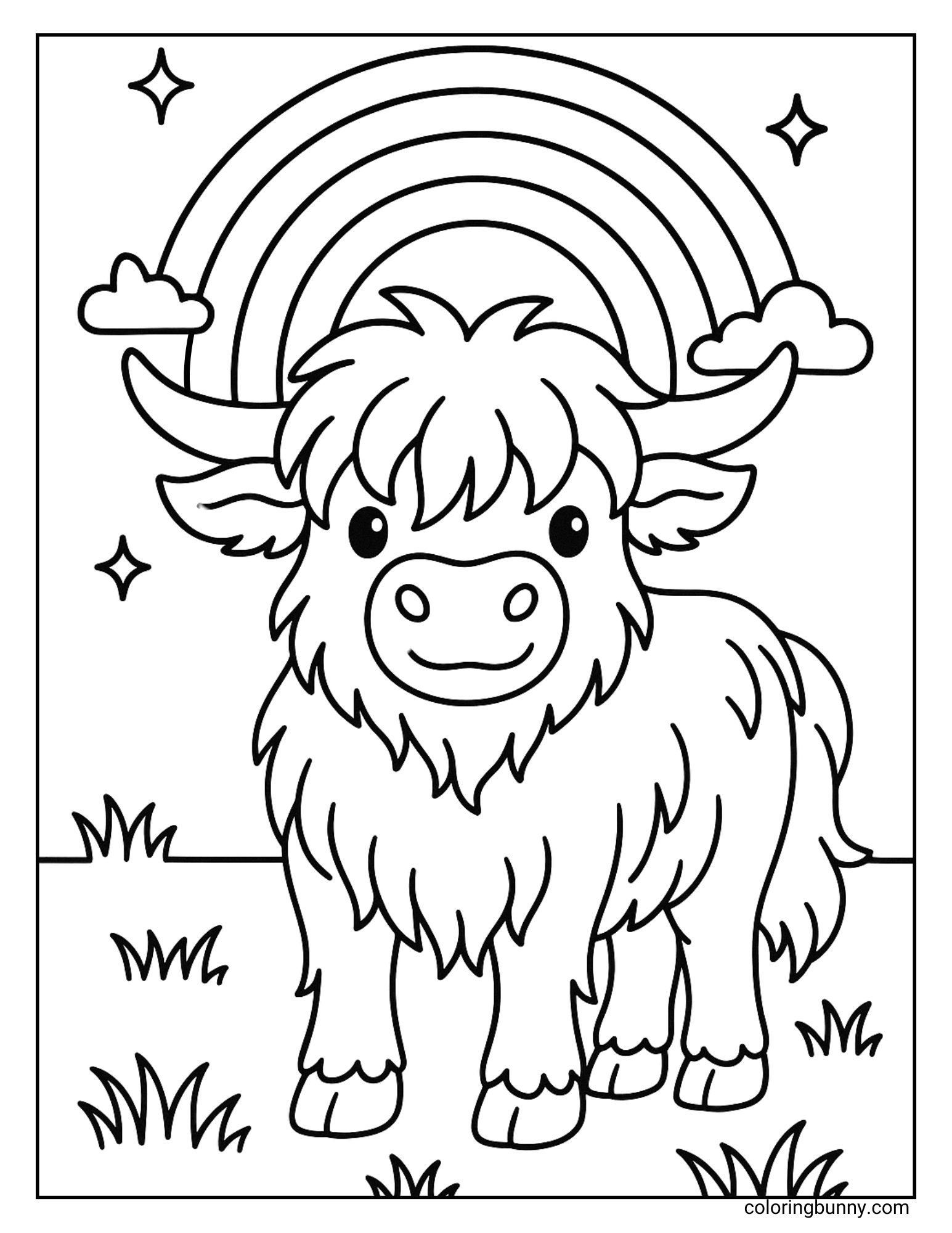 A black and white Highland cow coloring page of a Highland cow standing in a grassy field with a rainbow and clouds behind it.
