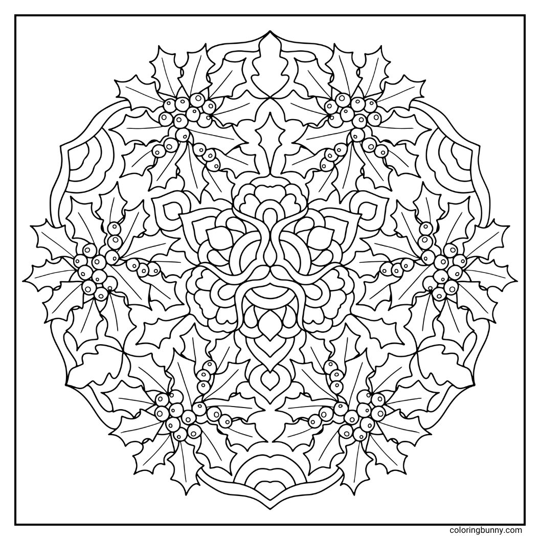 A festive hand-drawn Christmas mandala featuring holly and berries surrounded by delicate leaf-like patterns, perfect for a relaxing holiday coloring session.