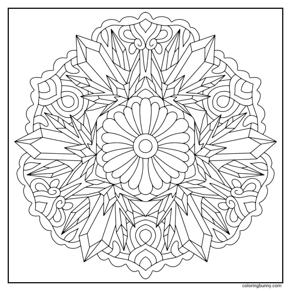 A sharp and striking hand-drawn winter mandala composed of jagged icy shards radiating outward in perfect symmetry. The design mimics the natural geometry of frozen crystals, with overlapping triangles, spiked patterns, and angular details. It gives off a crisp, glacial feel - like a burst of frost caught in motion.