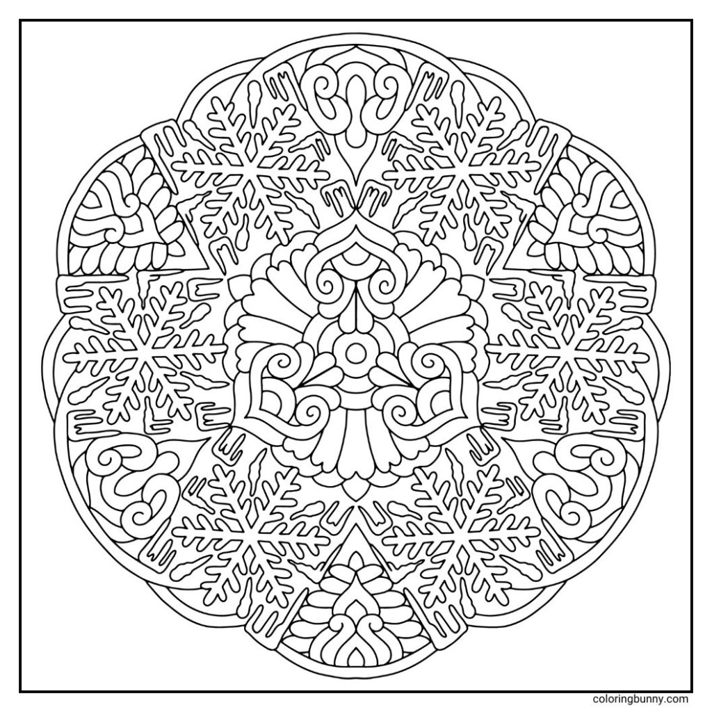 A hand-drawn Christmas mandala coloring page featuring delicate icicles paired with angel-like patterns at the center, surrounded by simple outer shapes that beautifully complement the icy theme for a peaceful and mindful holiday coloring session.