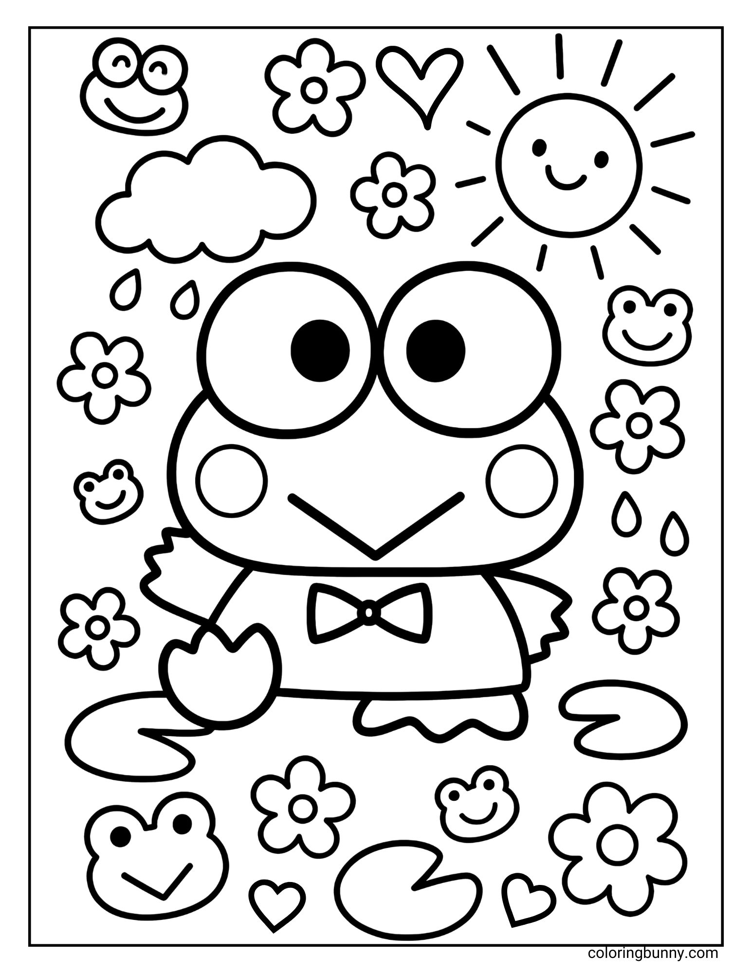 Coloring page of Keroppi standing on a lily pad in a lively pond scene, surrounded by blooming flowers, happy frog faces, hearts, raindrops, a smiling sun, and fluffy clouds, creating a playful and joyful background.